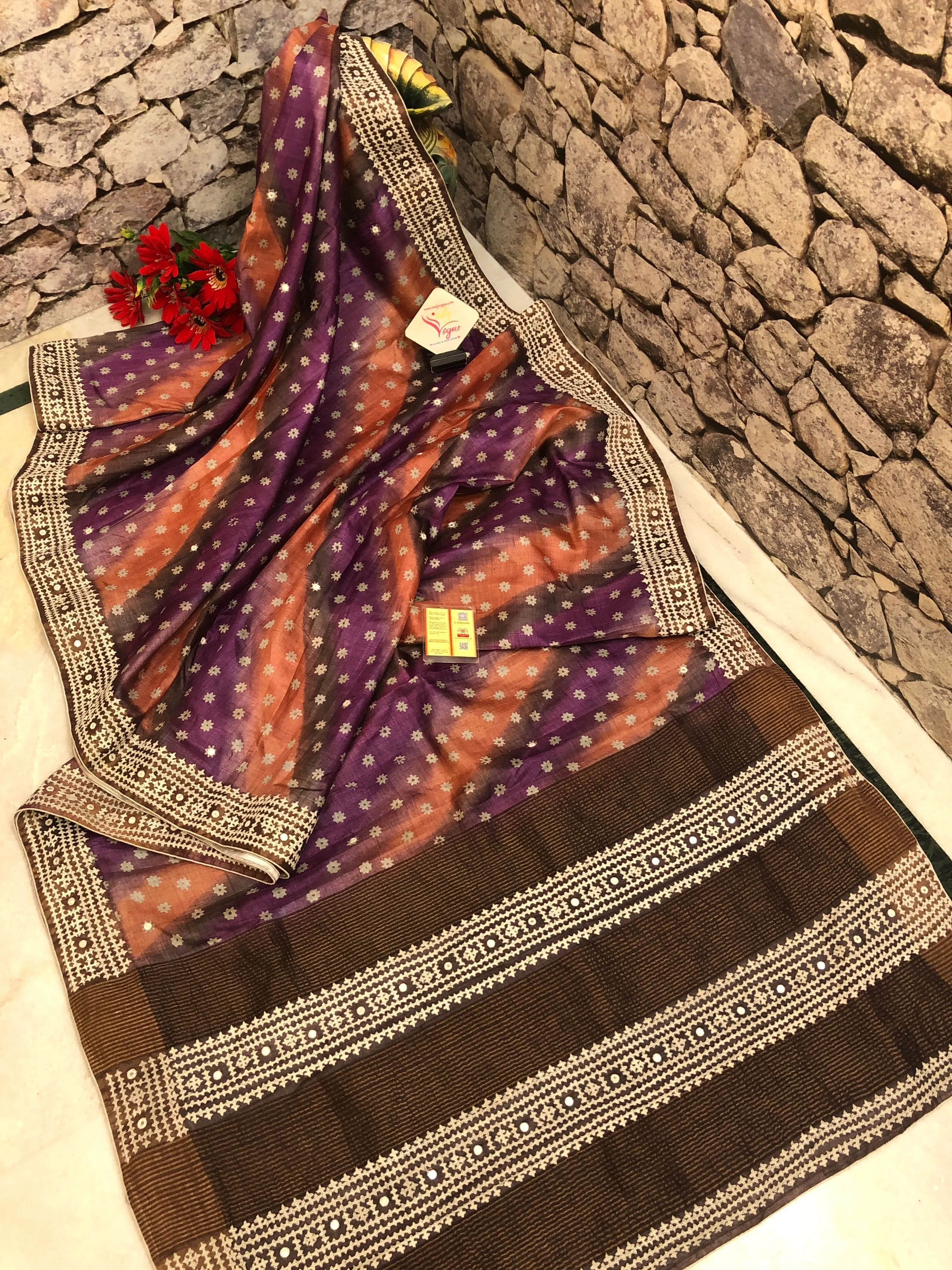 Multiple Color Tussar Silk Saree with Hand Block and Hand Gujrati Stitch with Mirror Work