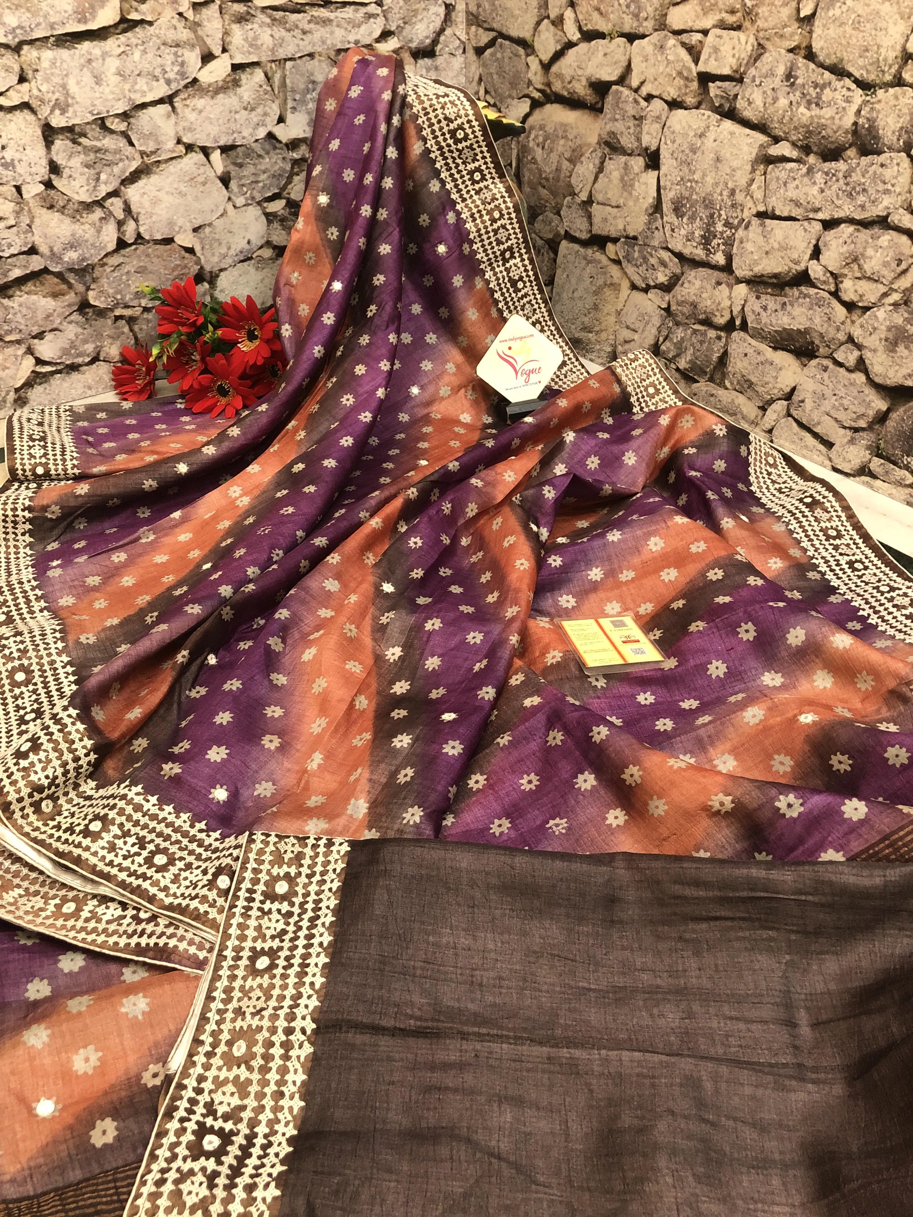 Multiple Color Tussar Silk Saree with Hand Block and Hand Gujrati Stitch with Mirror Work