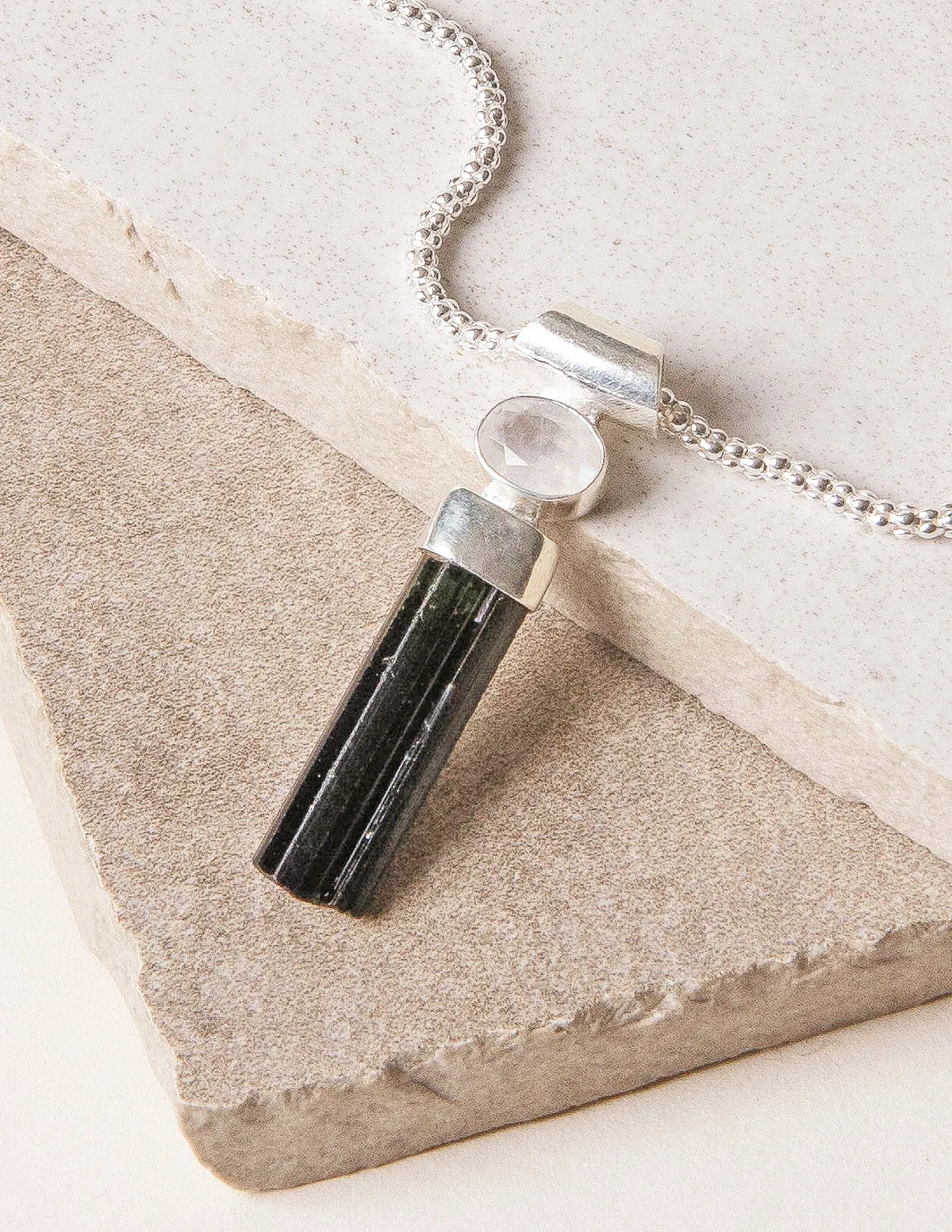 Natural Black Tourmaline and Rainbow Moonstone Pendant