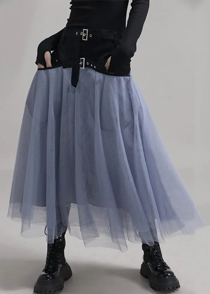 New Blue Pockets Elastic Waist Patchwork Tulle Skirt Summer AB1035