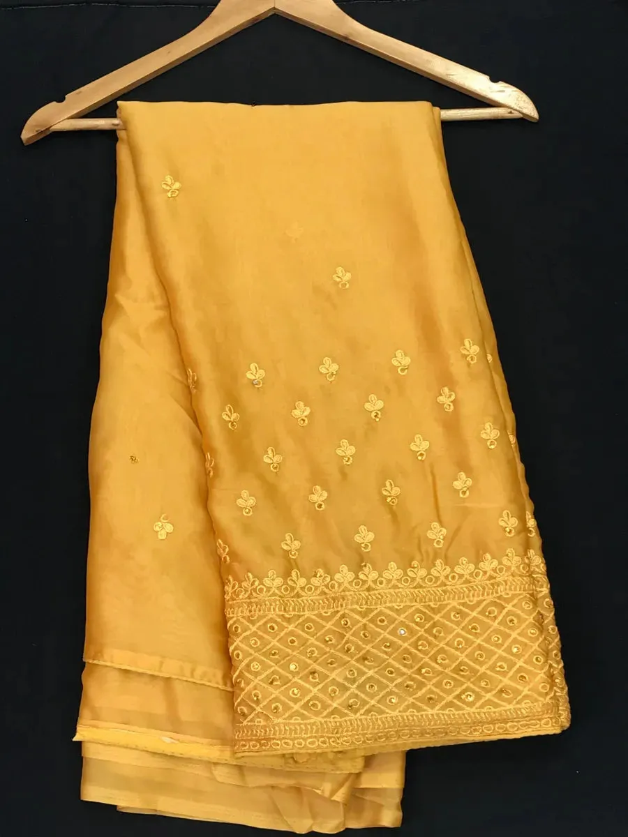 New Party Wear Designer Yellow Saree With Embroidery Work