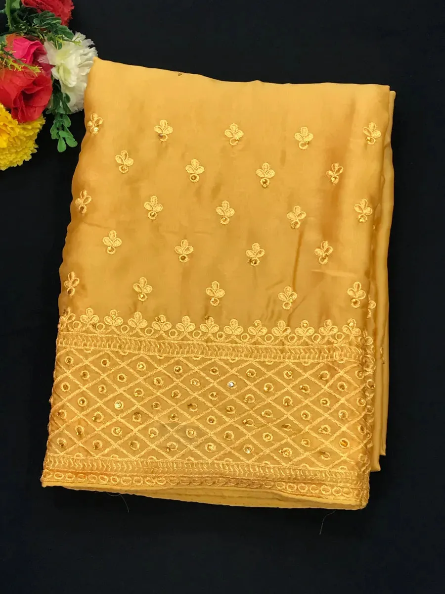 New Party Wear Designer Yellow Saree With Embroidery Work