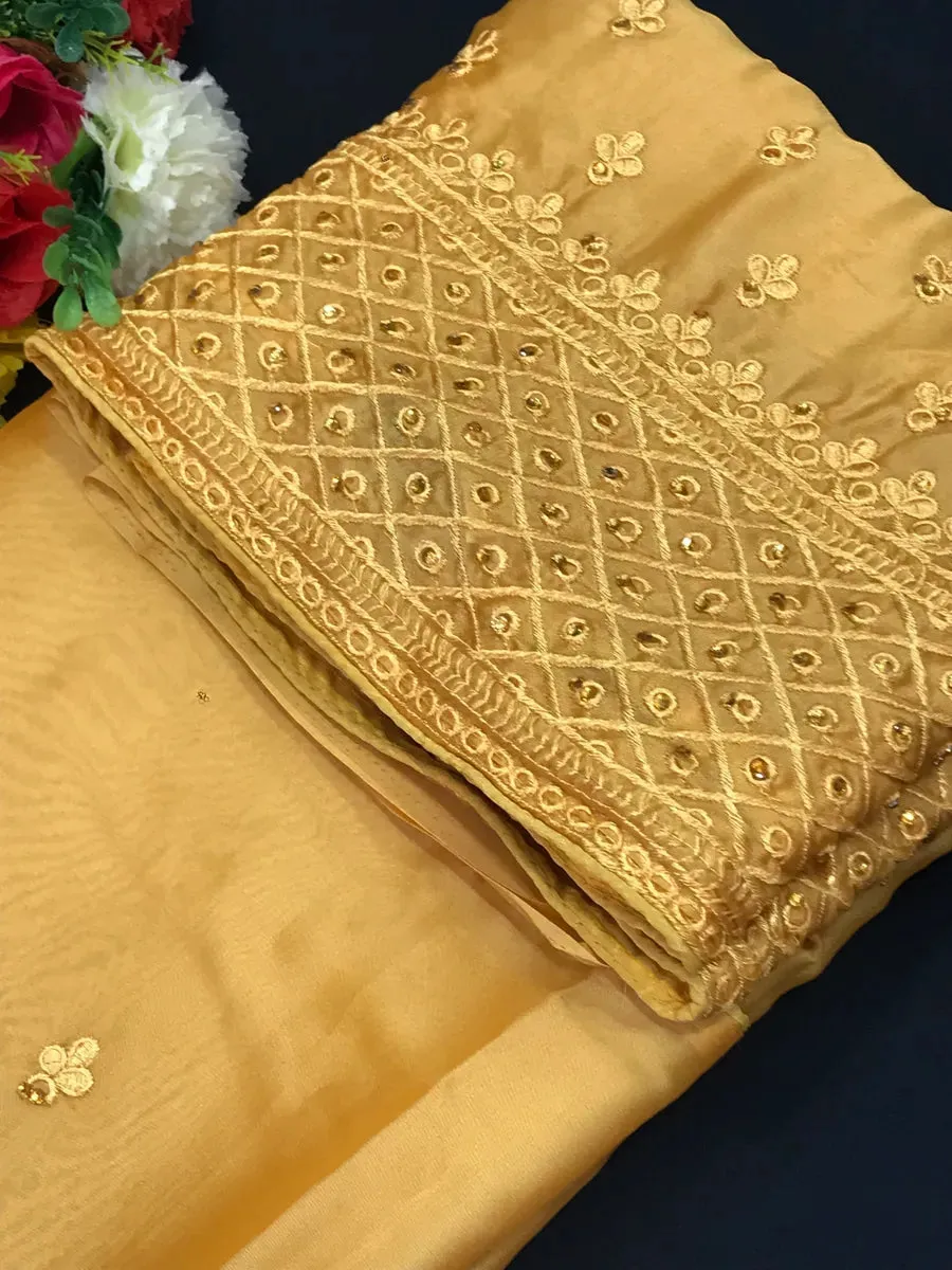 New Party Wear Designer Yellow Saree With Embroidery Work