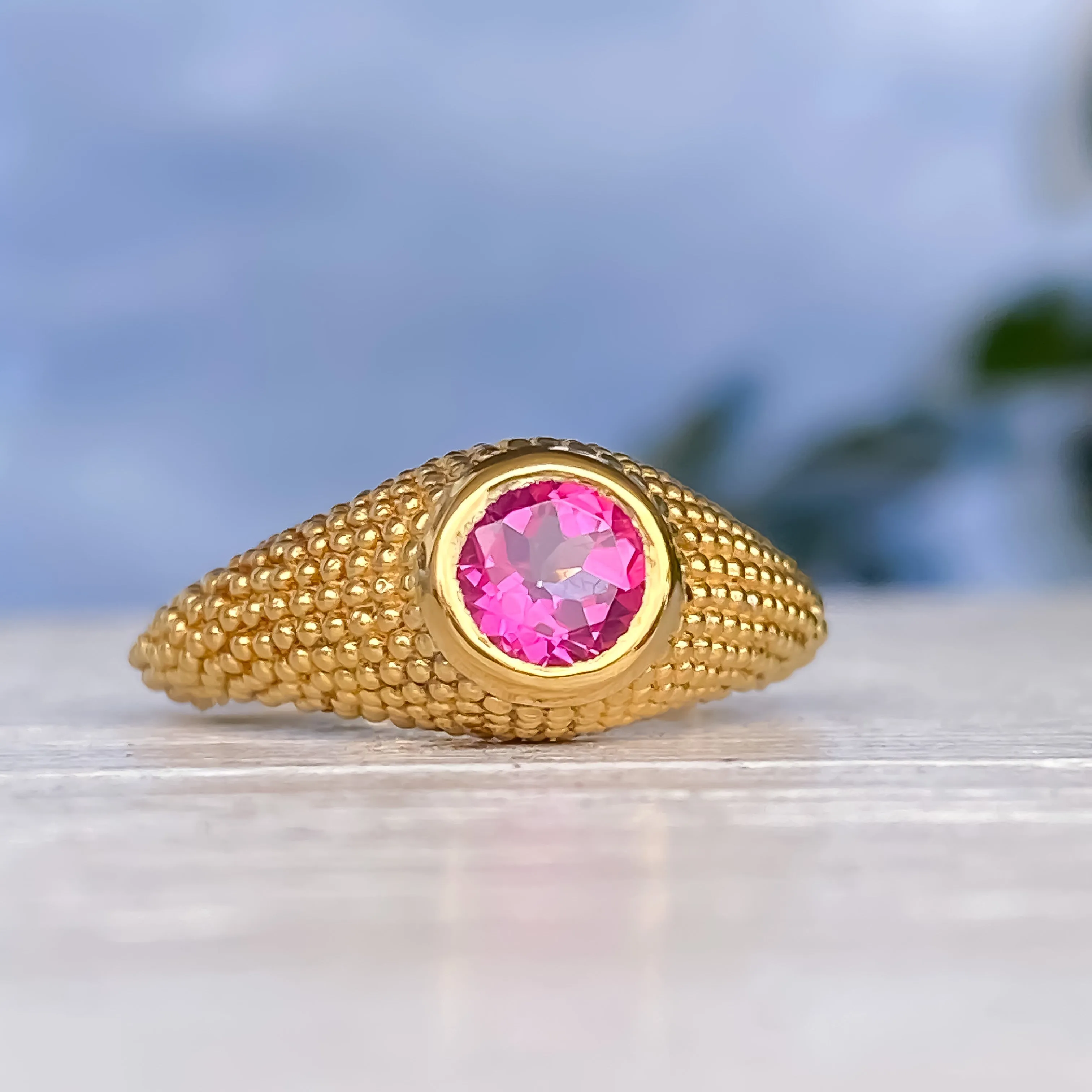 Nubia Round Pink Topaz Yellow Gold Ring Size 7US