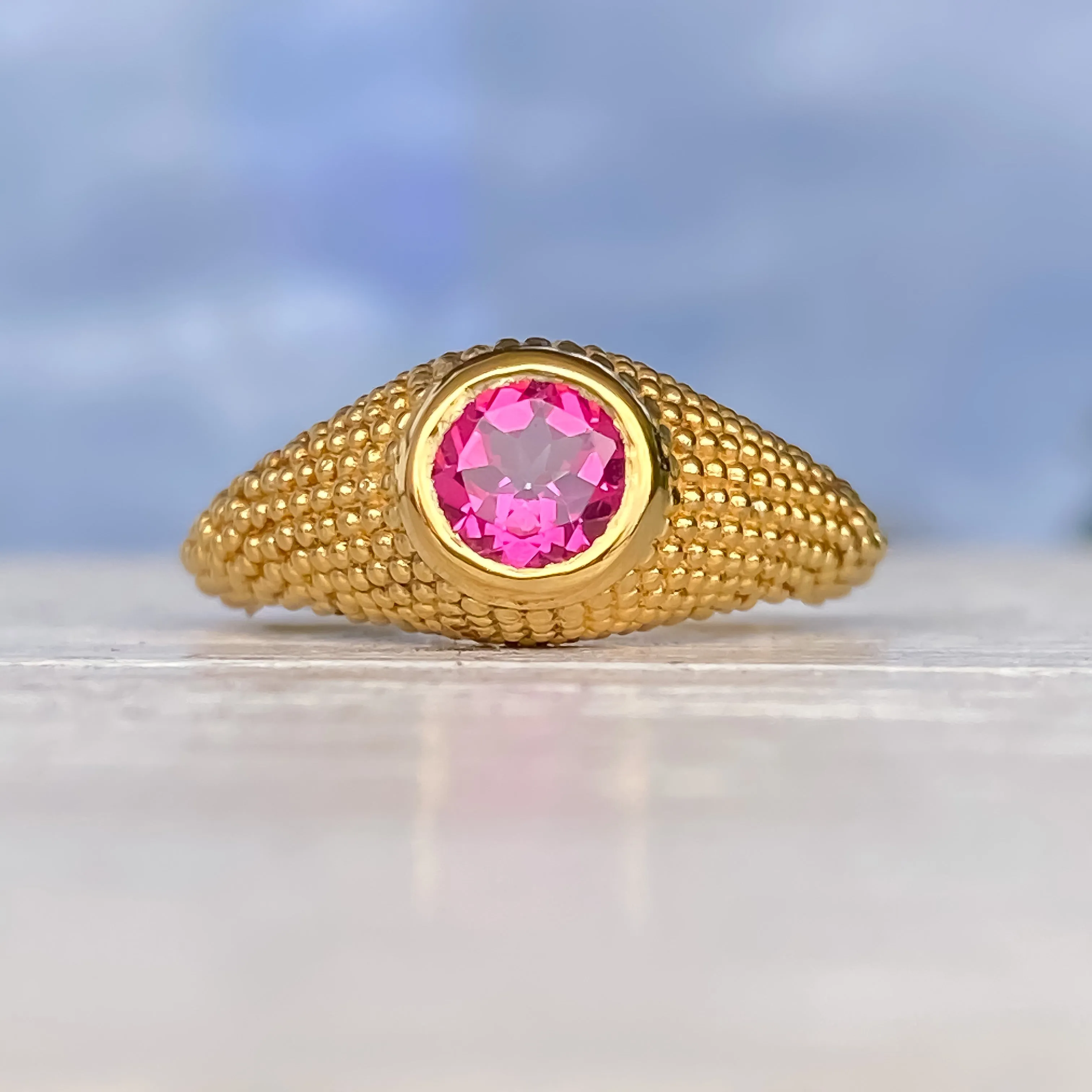 Nubia Round Pink Topaz Yellow Gold Ring Size 7US