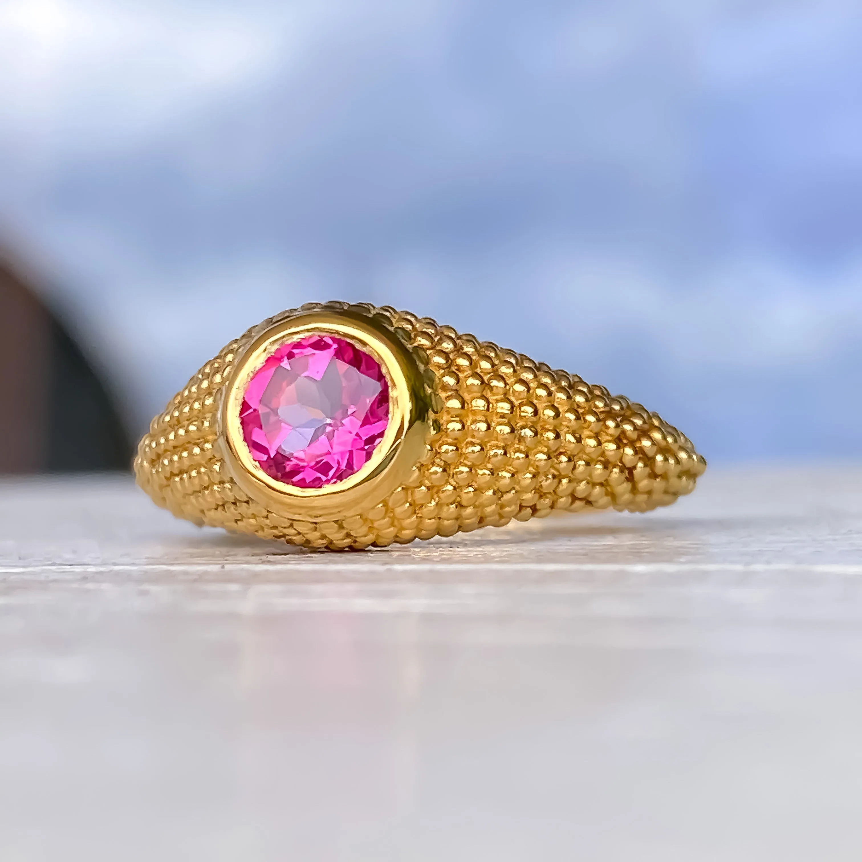 Nubia Round Pink Topaz Yellow Gold Ring Size 7US