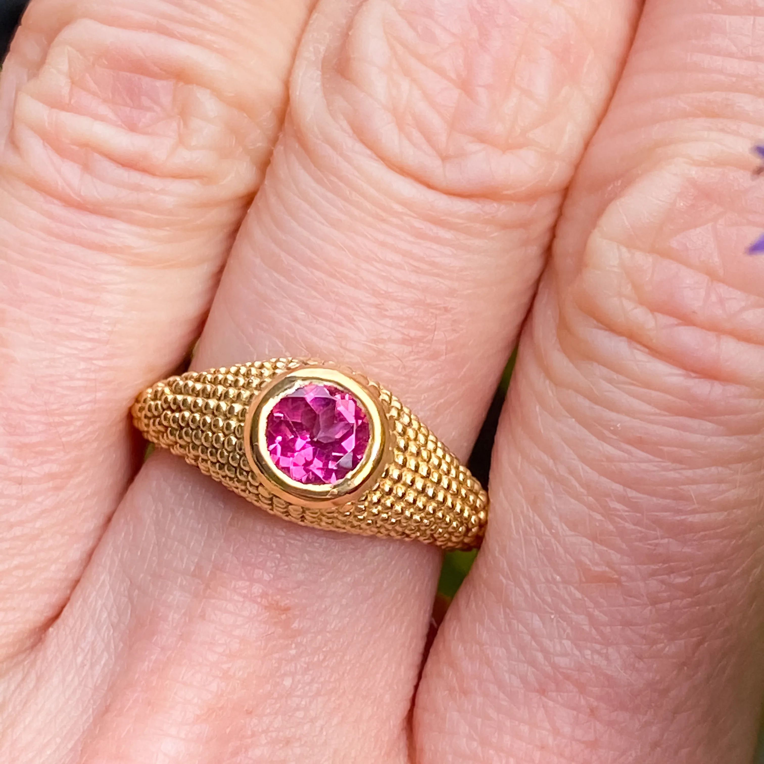 Nubia Round Pink Topaz Yellow Gold Ring Size 7US