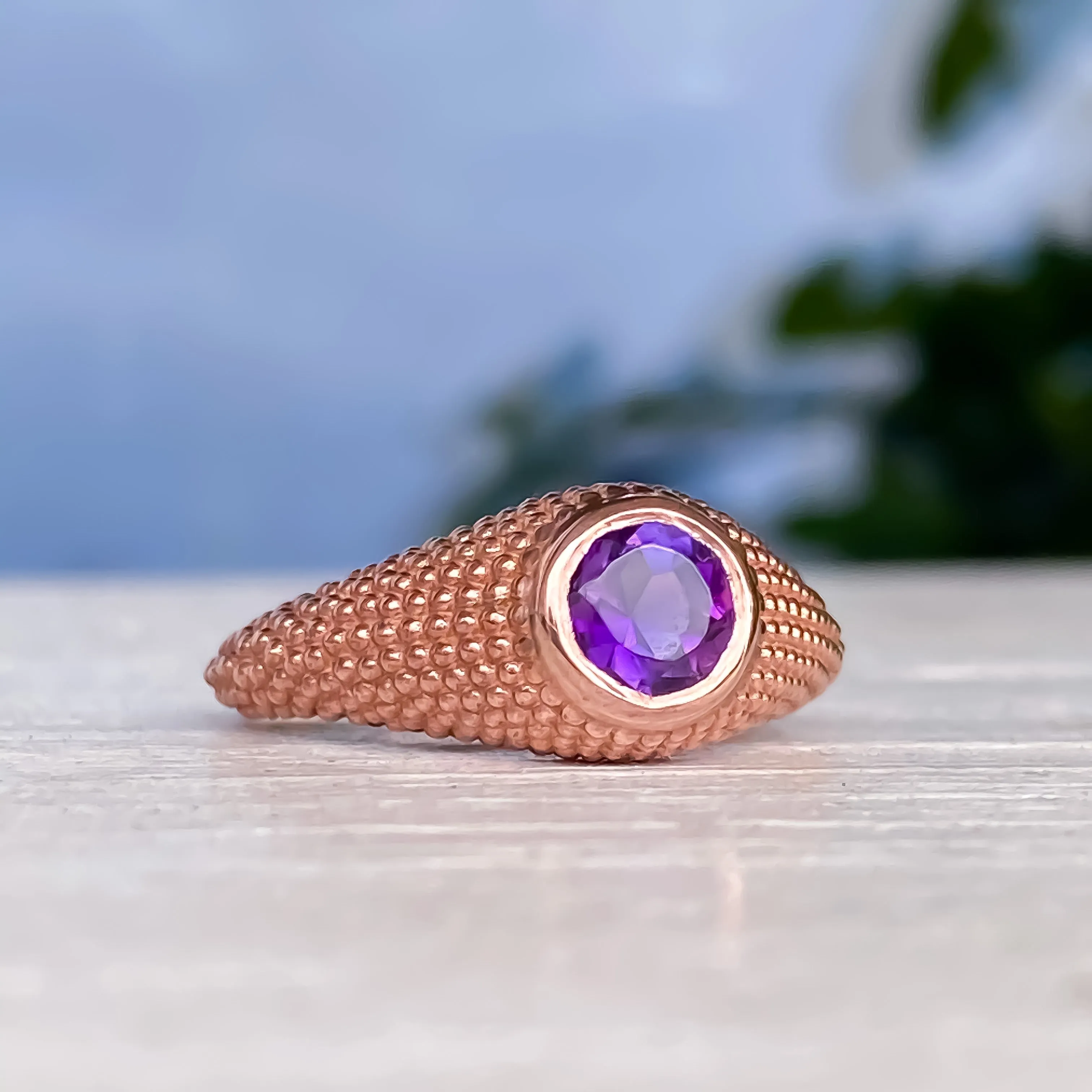 Nubia Round Purple Amethyst Rose Gold Ring Size 7.25US