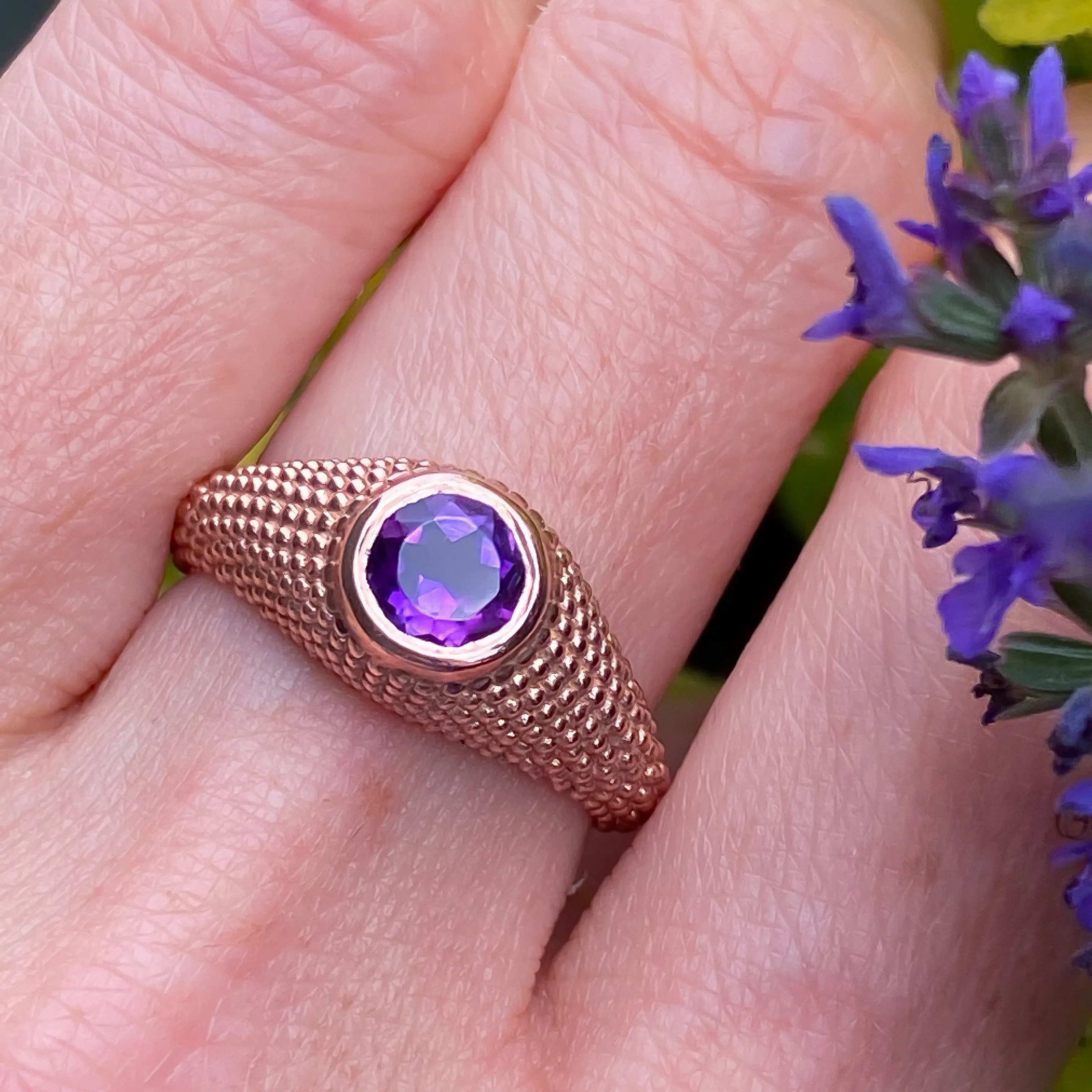 Nubia Round Purple Amethyst Rose Gold Ring Size 7.25US