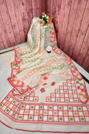 Offwhite and Coral Red Color Jamdani Saree with Allover Weaving and Lace Work