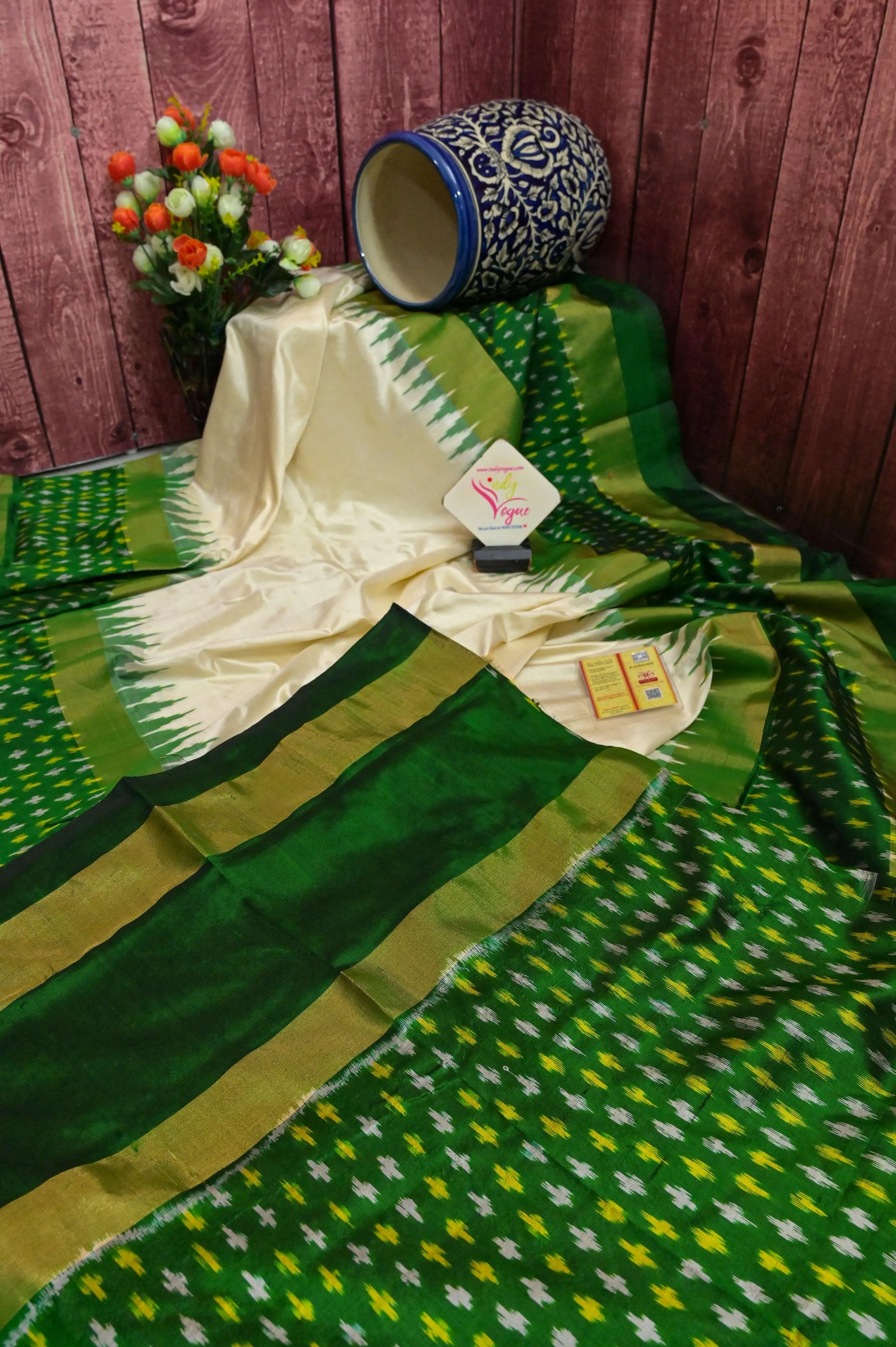 Offwhite and Green Color Ikat Silk Saree