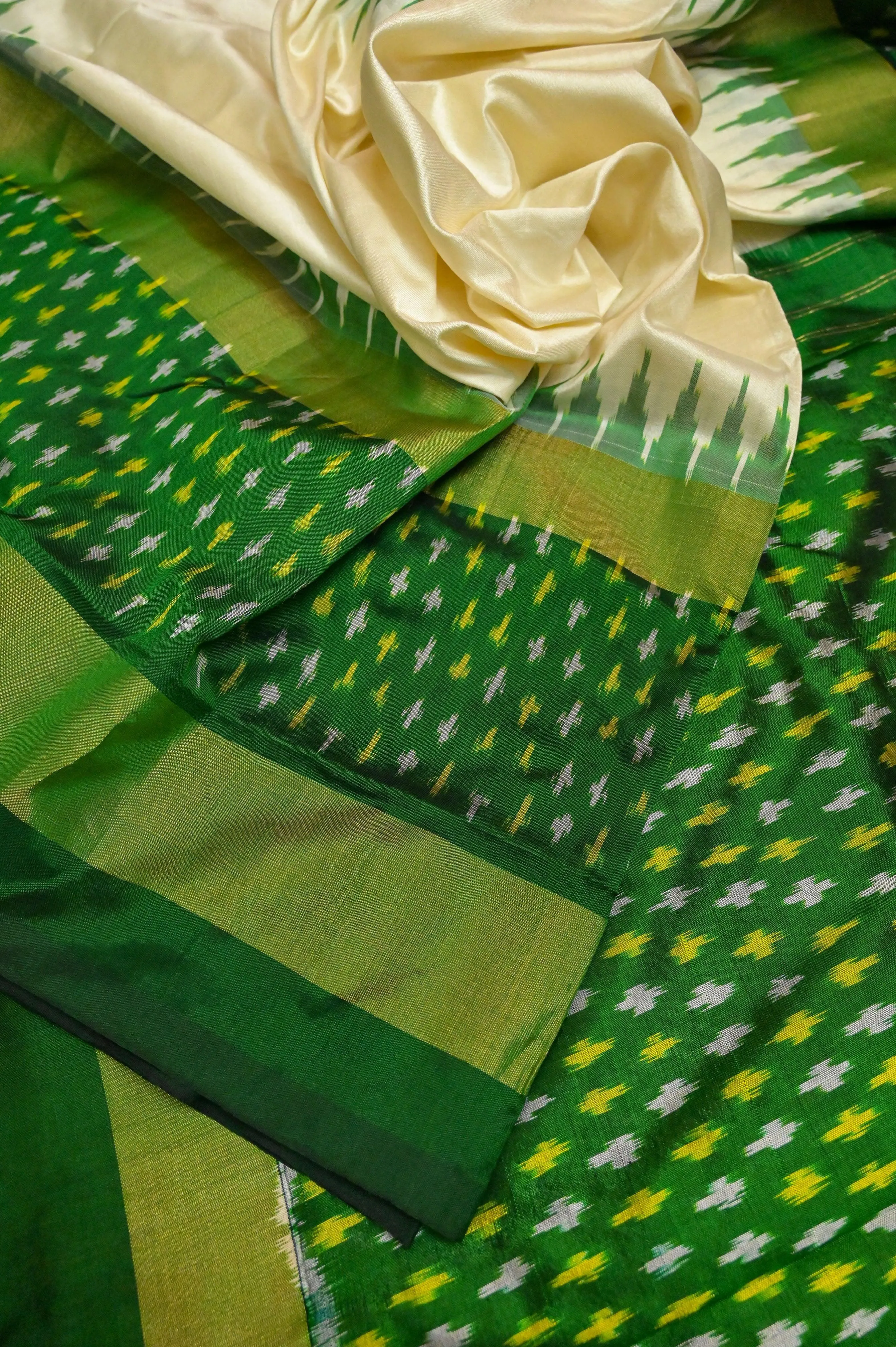 Offwhite and Green Color Ikat Silk Saree