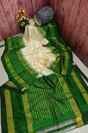 Offwhite and Green Color Ikat Silk Saree