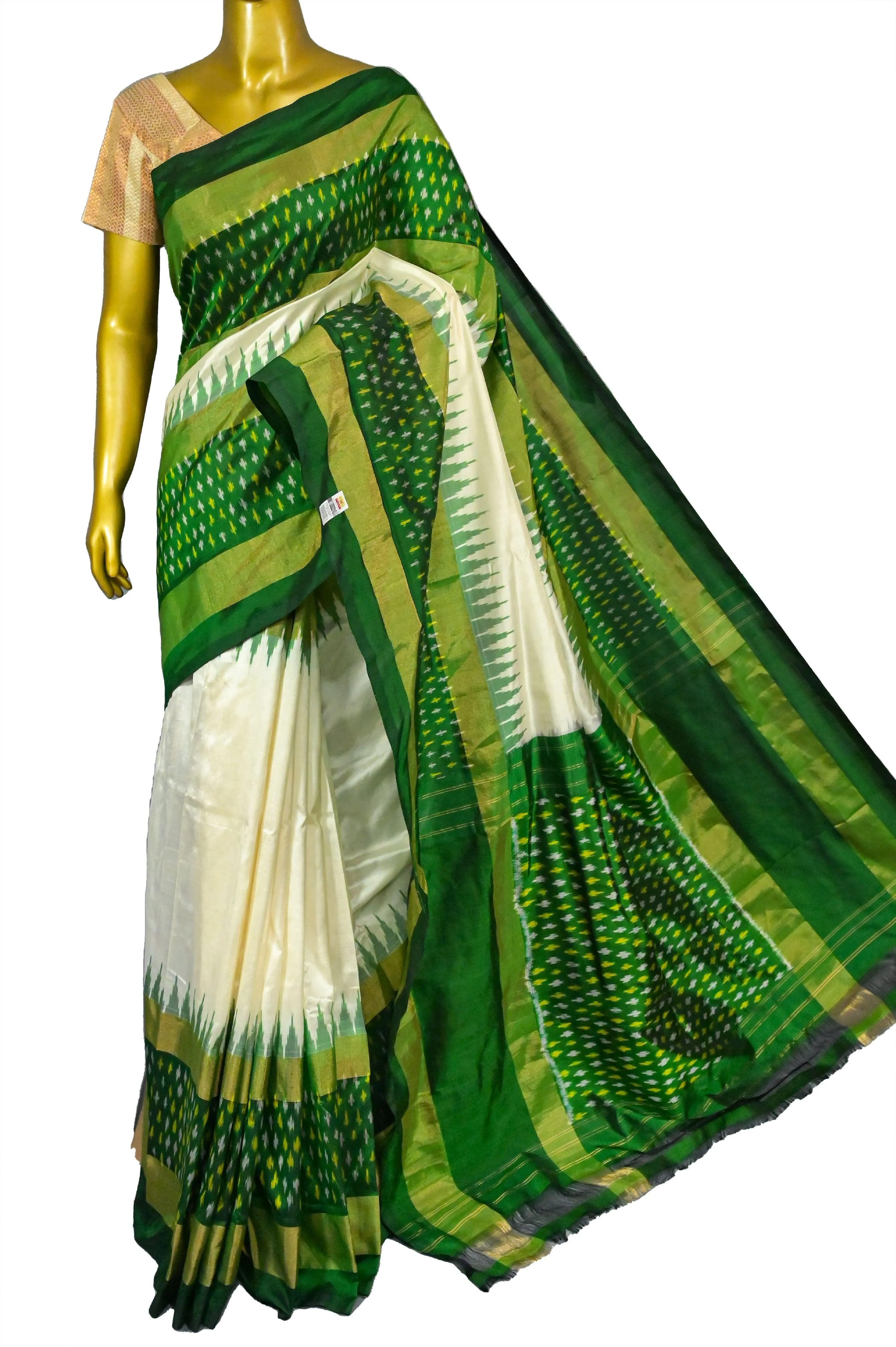 Offwhite and Green Color Ikat Silk Saree