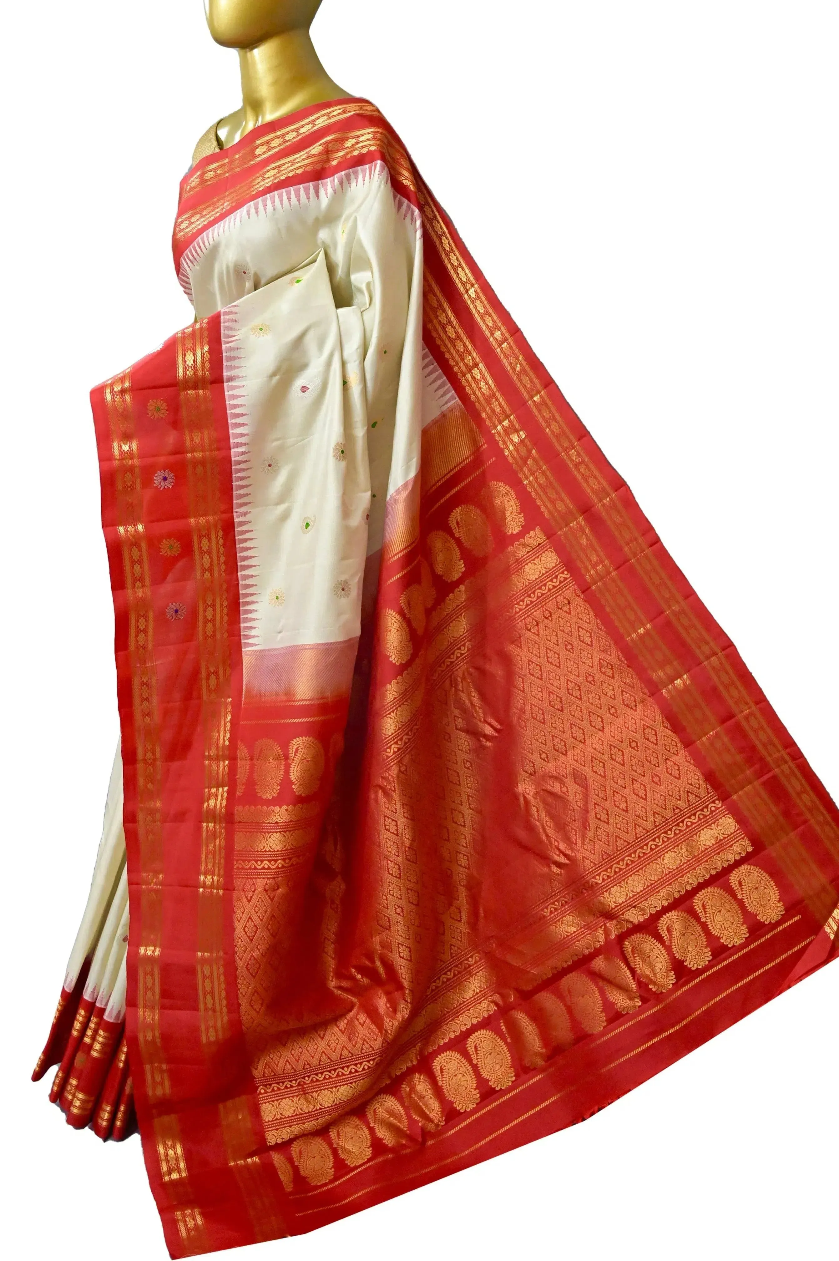 Offwhite and Red Color Pure Gadwal Silk Saree with Allover Meenakari Work