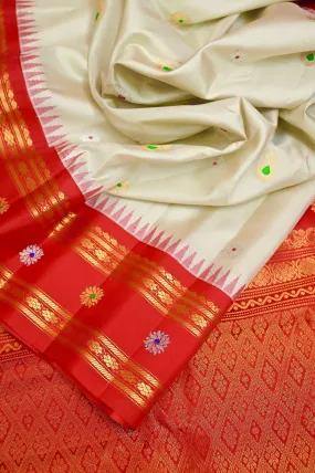 Offwhite and Red Color Pure Gadwal Silk Saree with Allover Meenakari Work