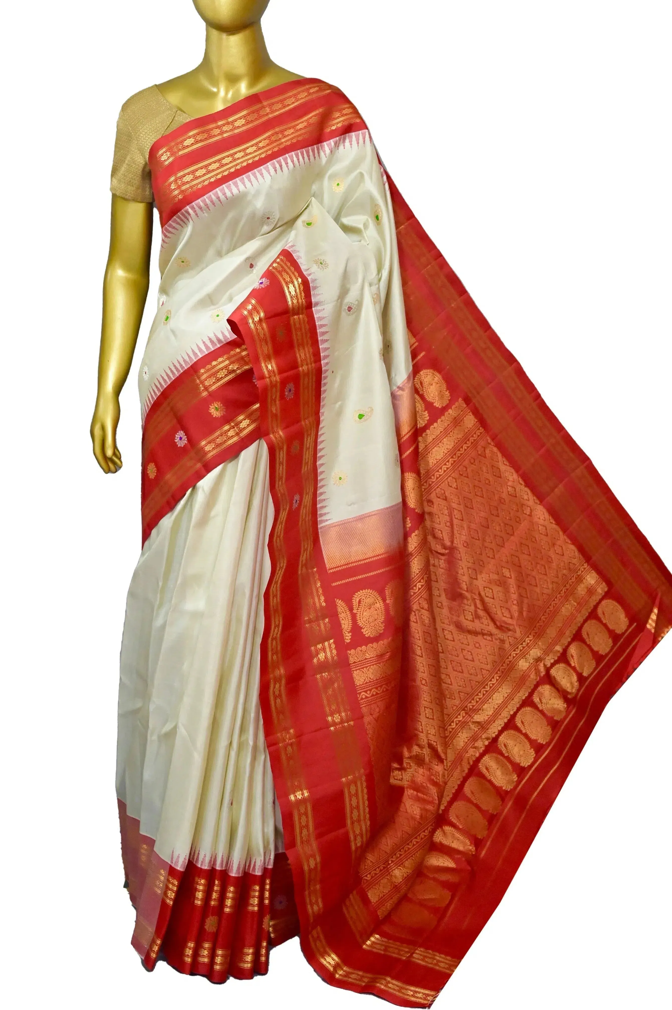 Offwhite and Red Color Pure Gadwal Silk Saree with Allover Meenakari Work