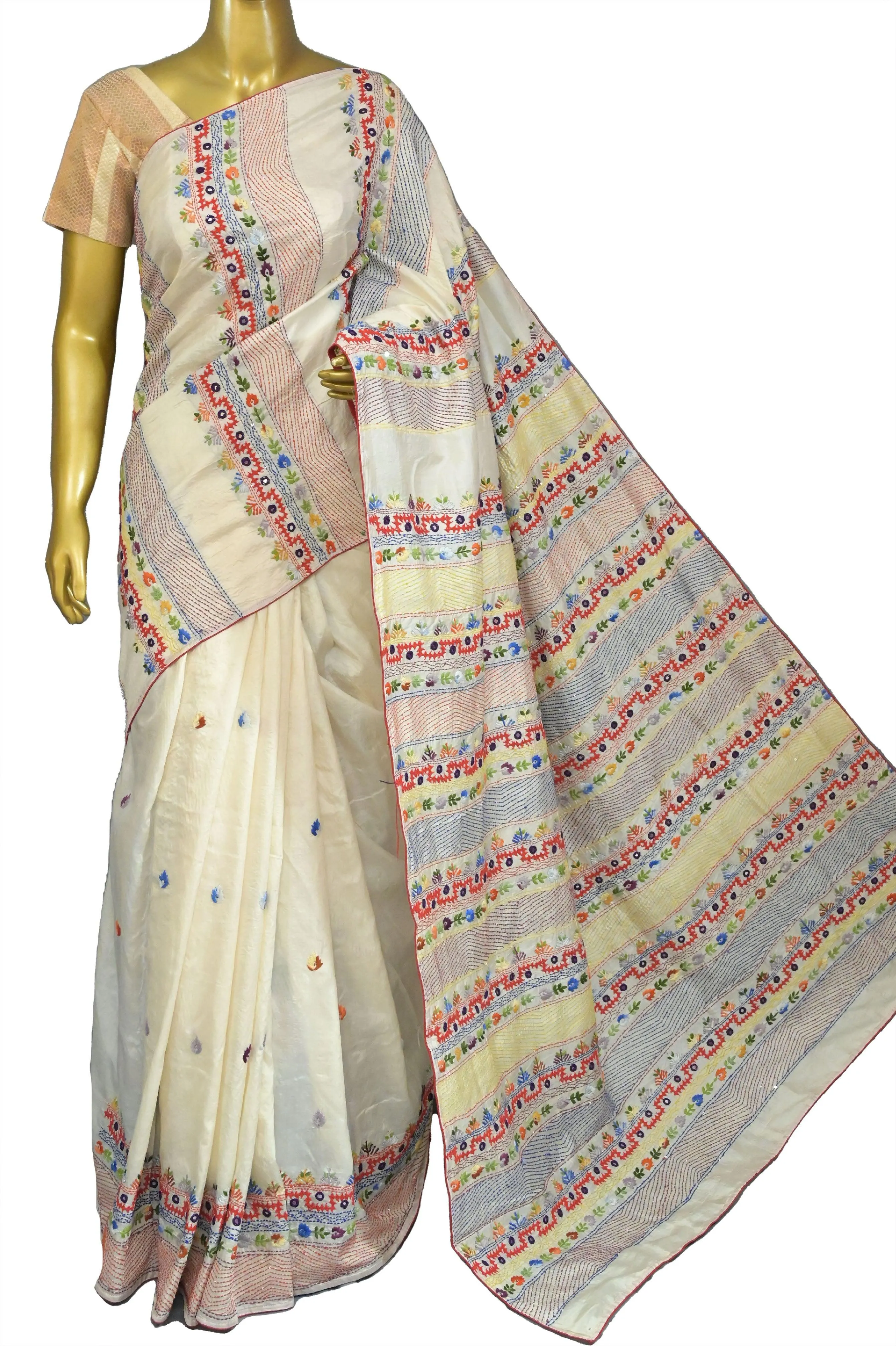 Offwhite Color Pure Bangalore Silk Saree with Hand Lambani Stitch