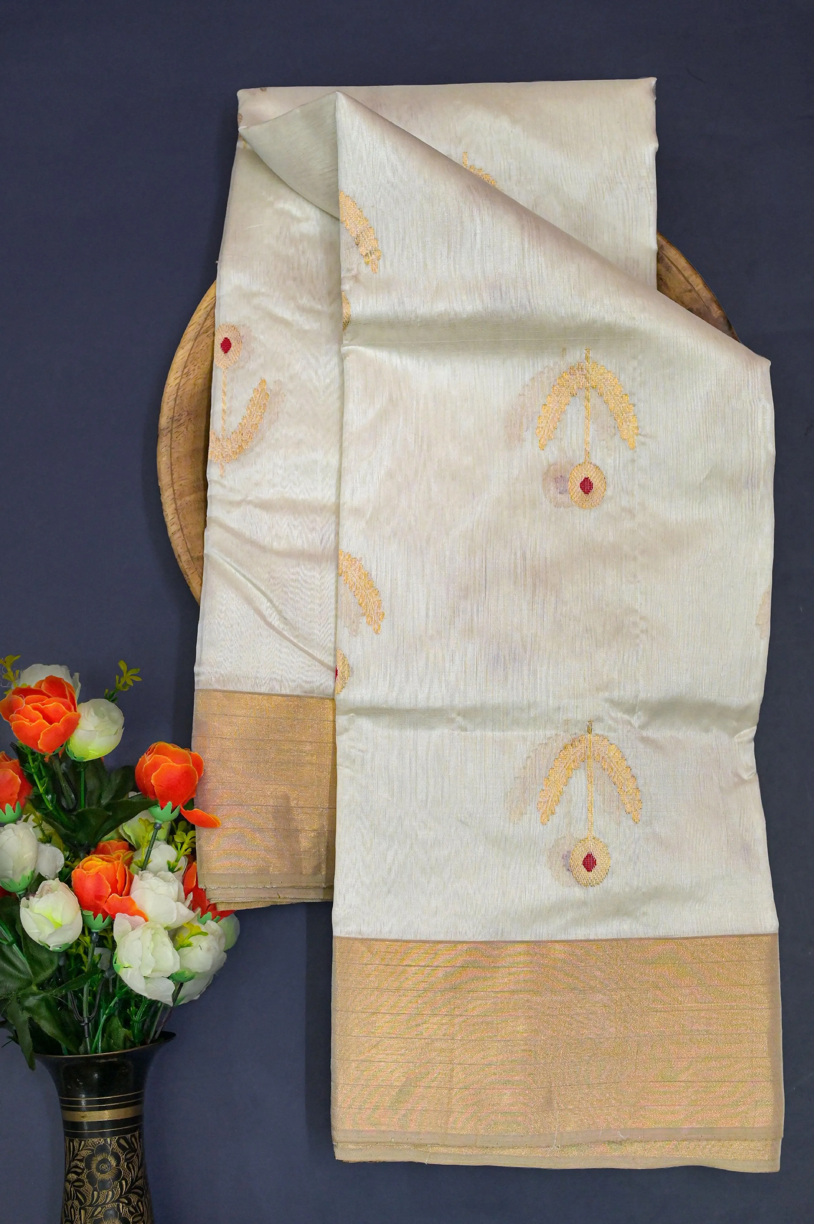 Offwhite Color Pure Chanderi Banarasi Saree with Meena Buta Work