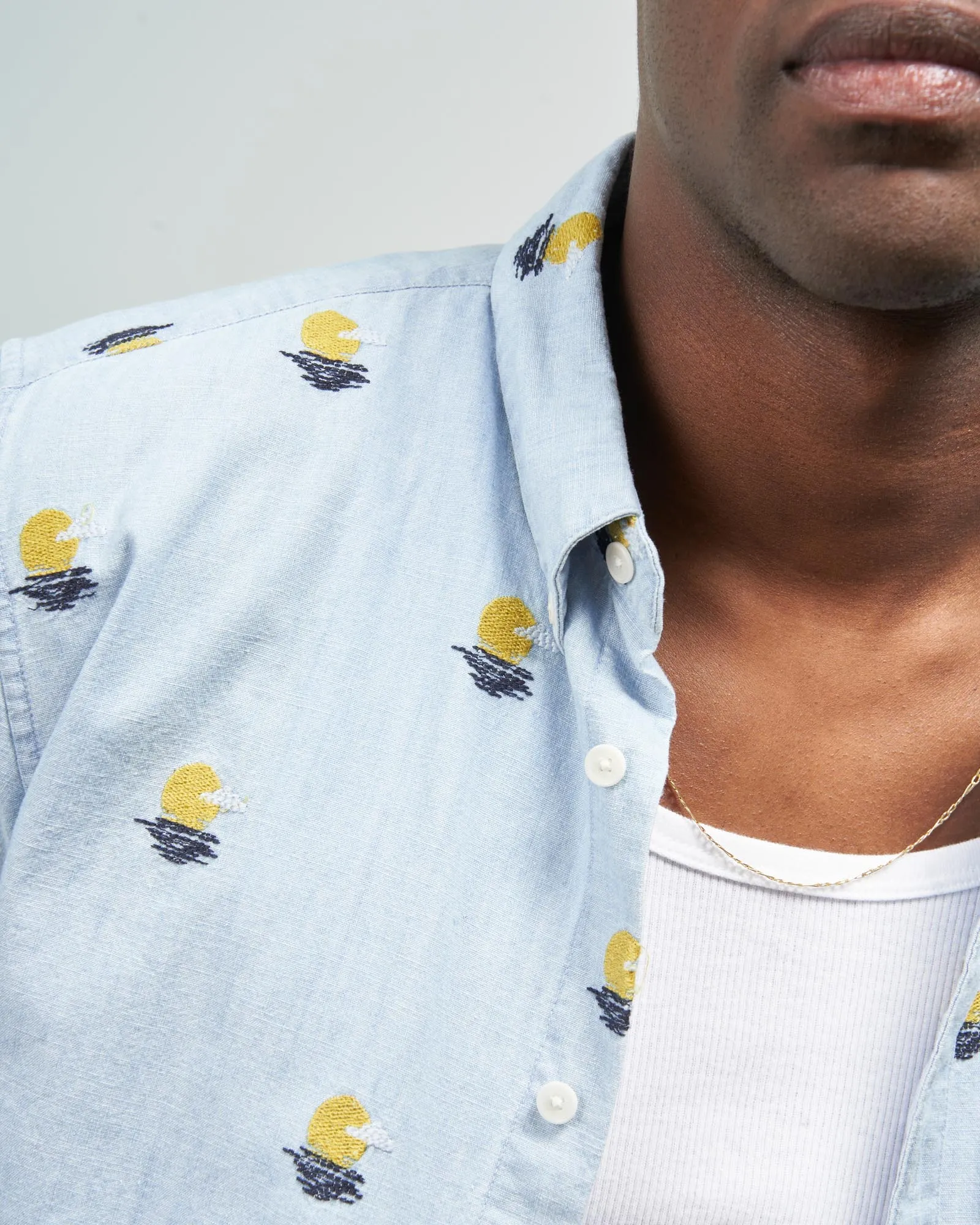 Organic Chambray Embroidered Short-Sleeve Button Down