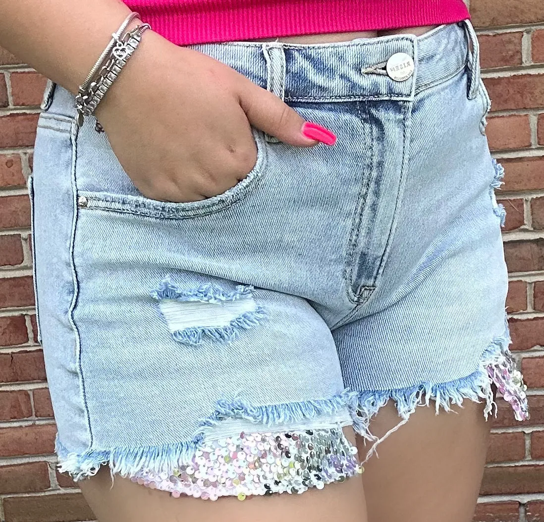 #P778 High Rise Sequins Lining Details  Denim Shorts