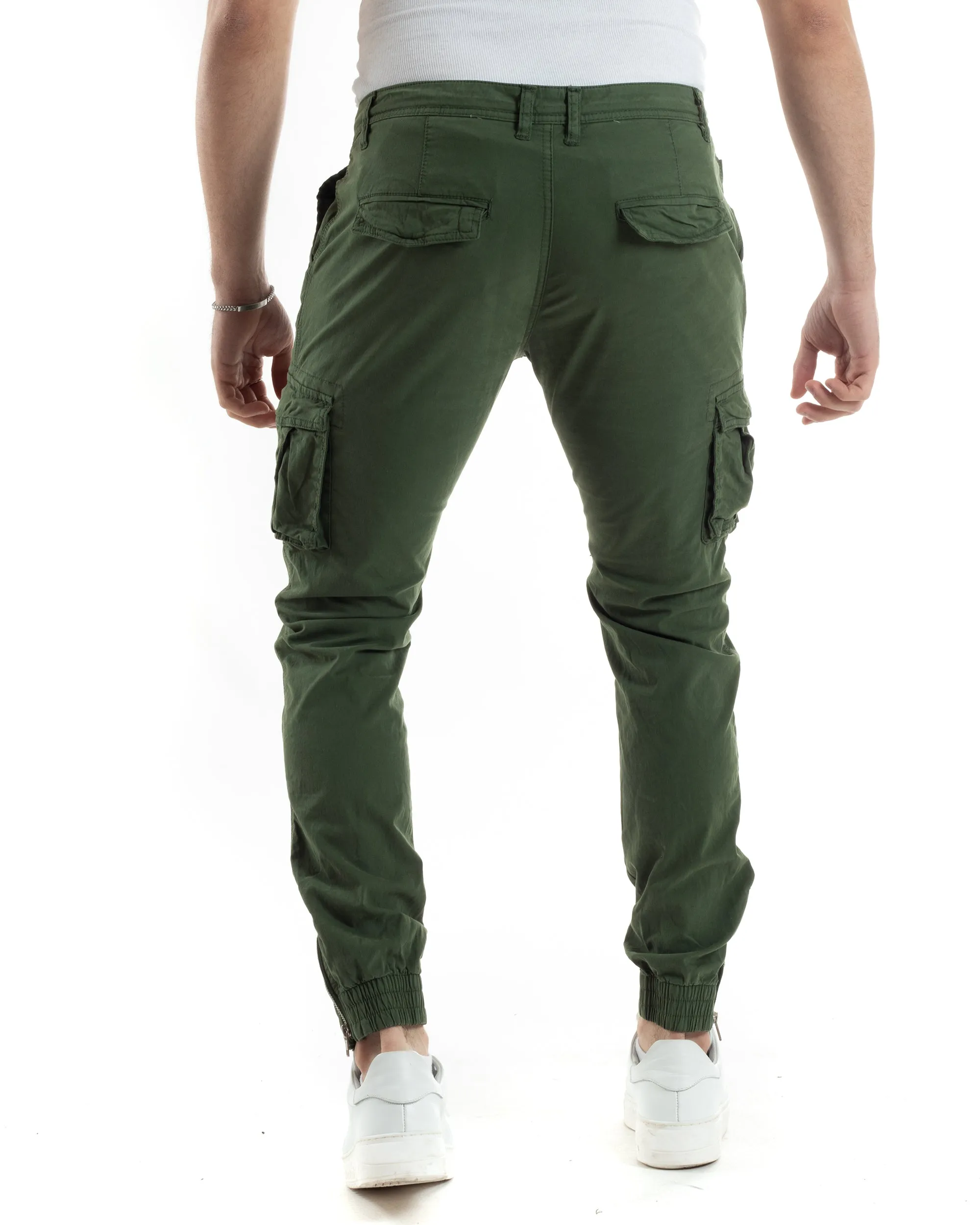 Pantaloni Uomo Cargo Con Tasconi E Zip Multitasche Elastico Al Fondo Verde GIOSAL-P6054A