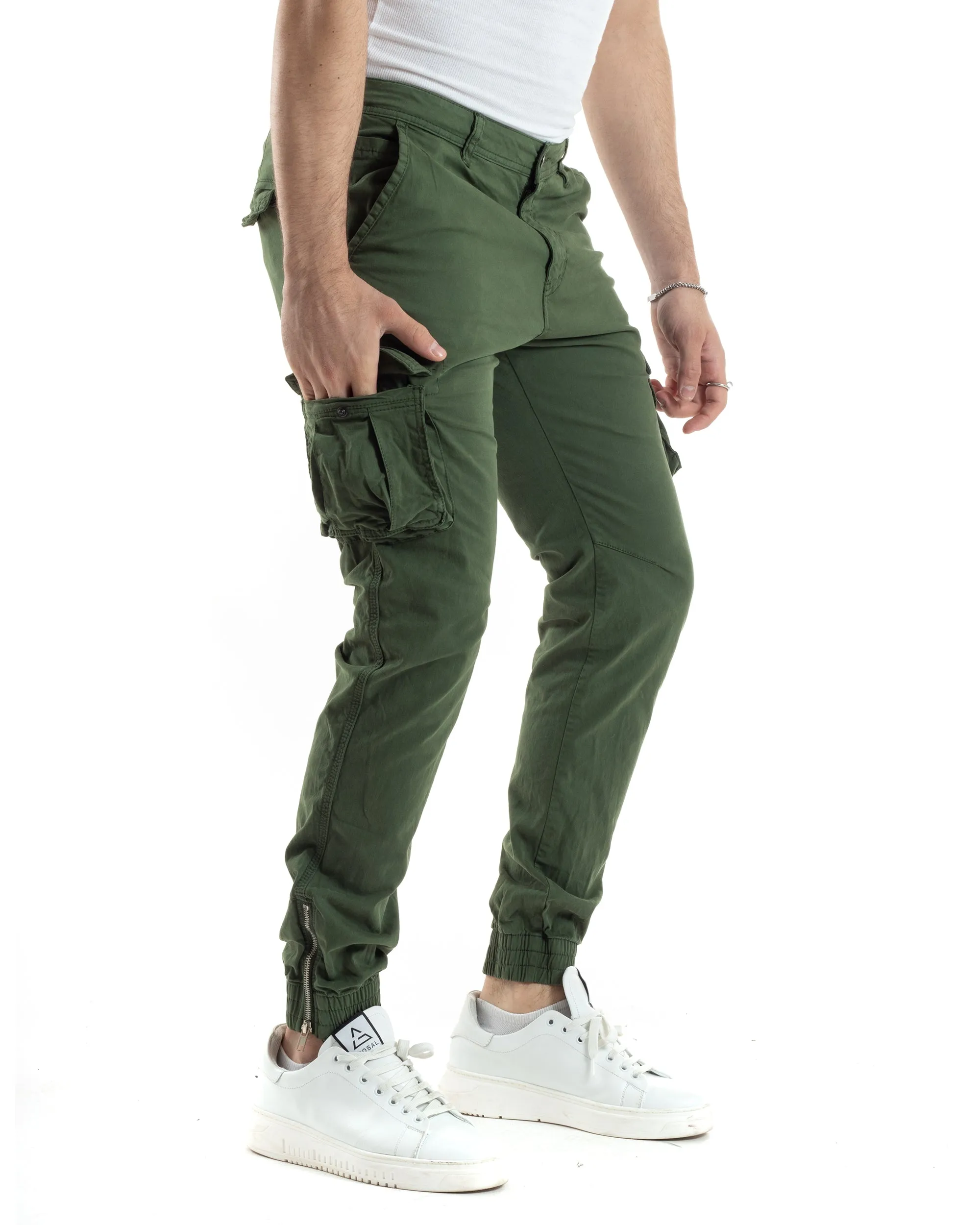 Pantaloni Uomo Cargo Con Tasconi E Zip Multitasche Elastico Al Fondo Verde GIOSAL-P6054A