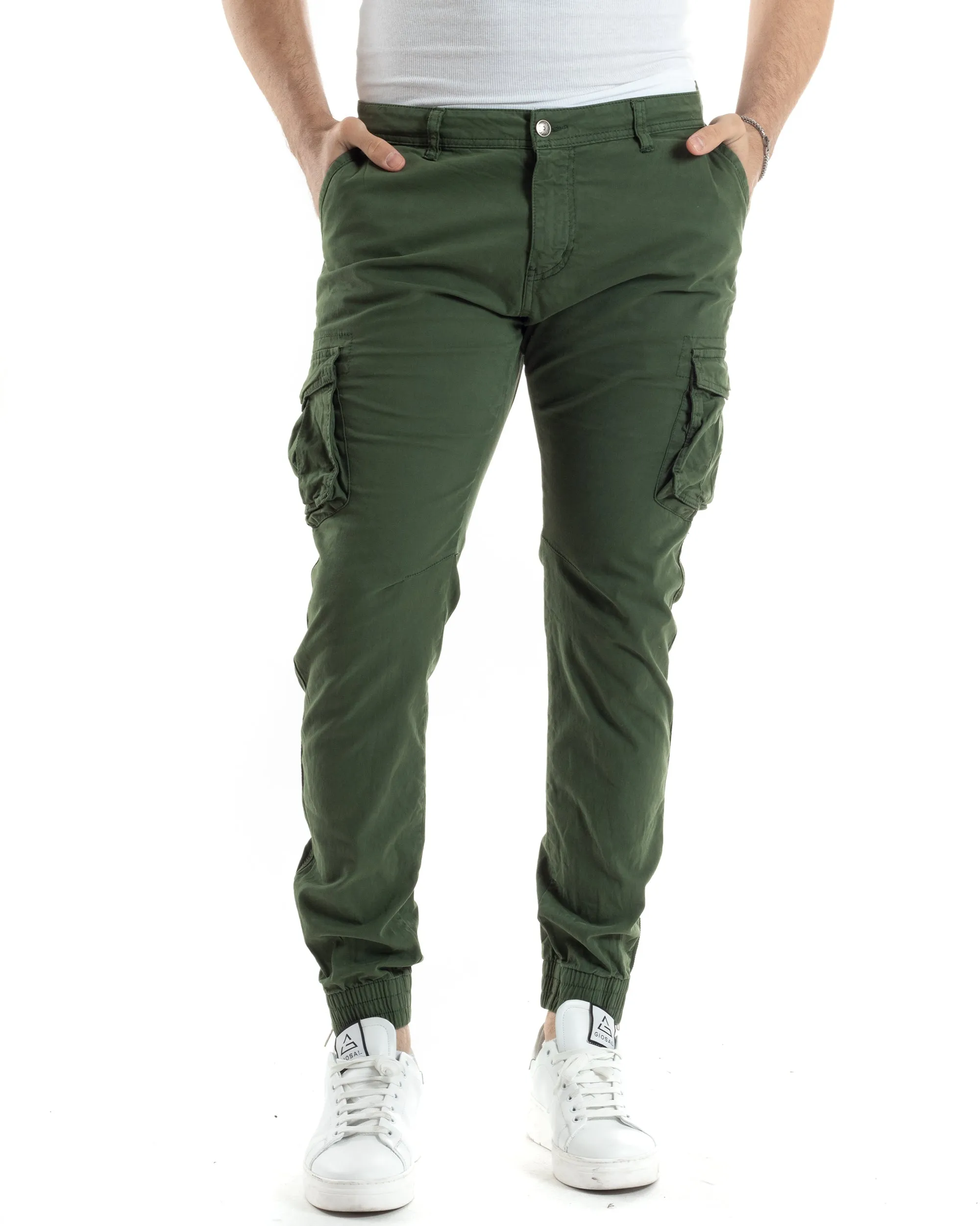 Pantaloni Uomo Cargo Con Tasconi E Zip Multitasche Elastico Al Fondo Verde GIOSAL-P6054A