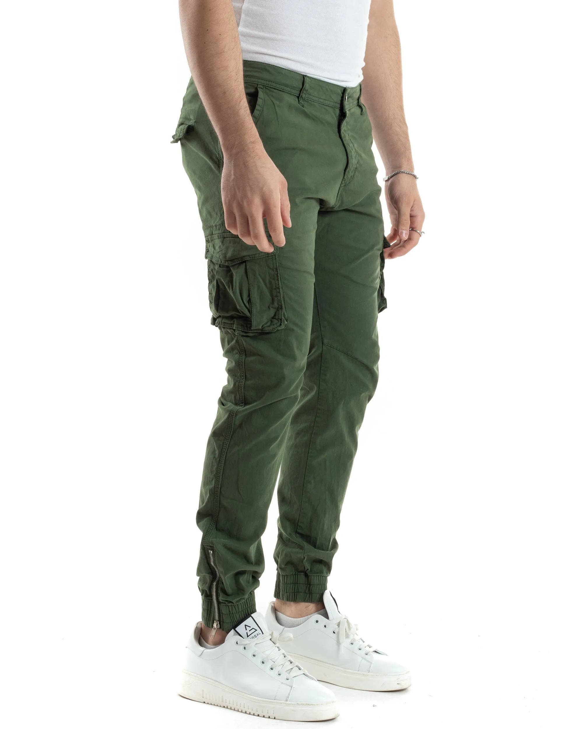 Pantaloni Uomo Cargo Con Tasconi E Zip Multitasche Elastico Al Fondo Verde GIOSAL-P6054A