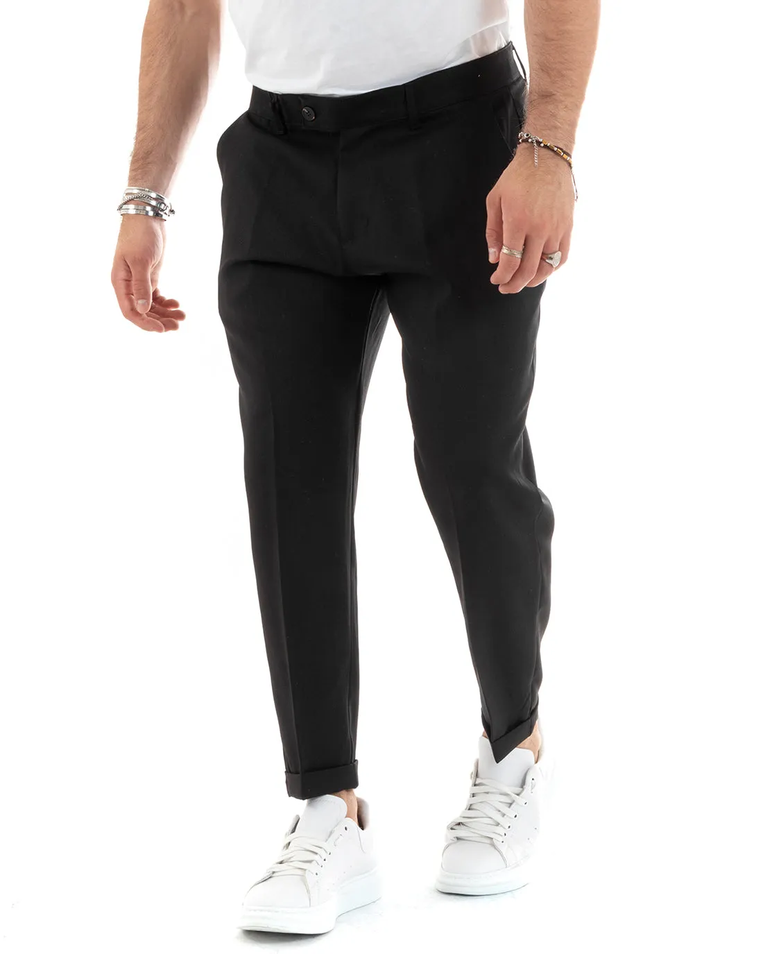 Pantaloni Uomo Tasca America Classico Nero Melangiato Abbottonatura Allungata Casual GIOSAL-P6049A