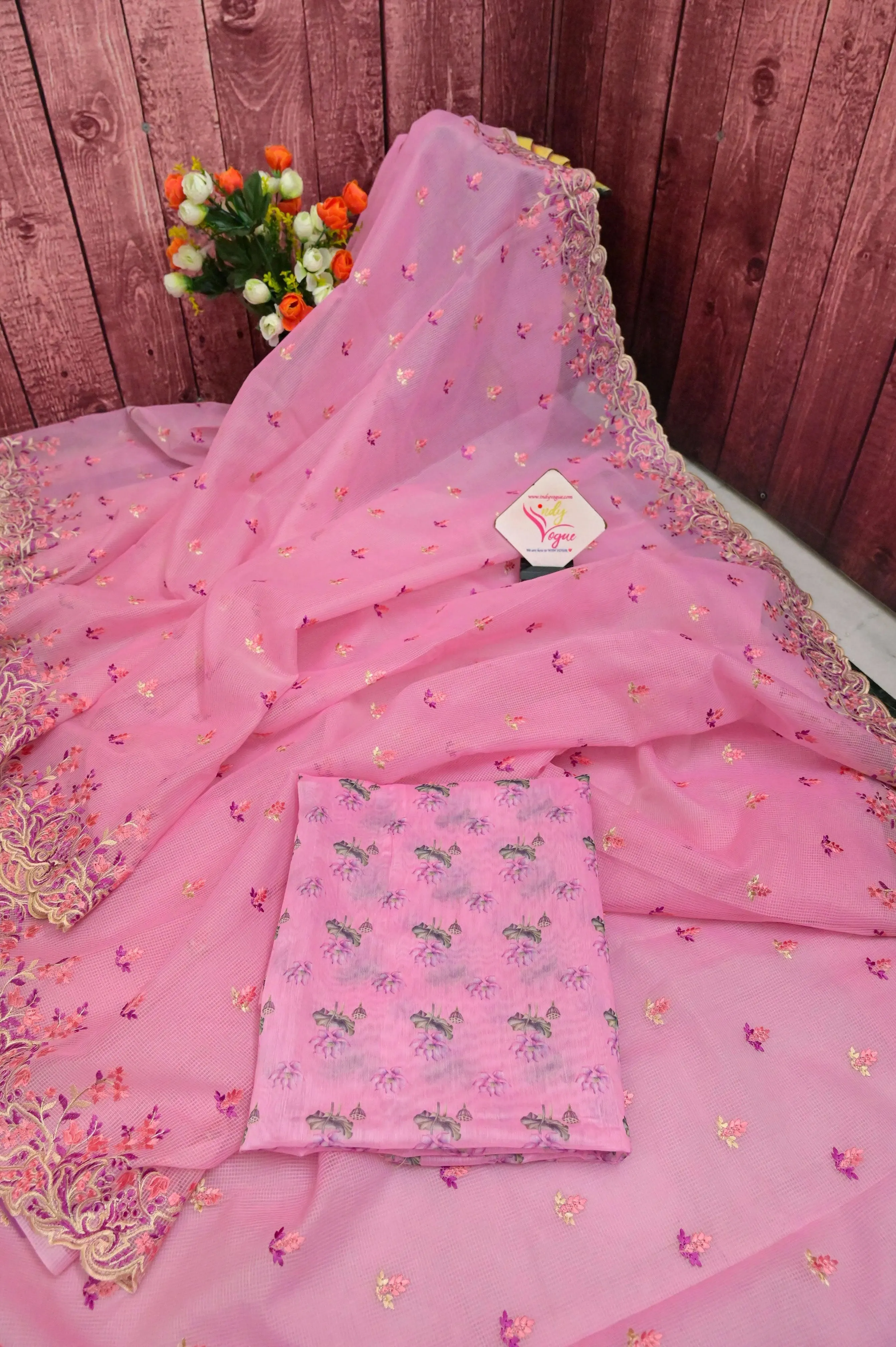 Pink Color Resham Kota Saree with Embroidery and Scallop Border