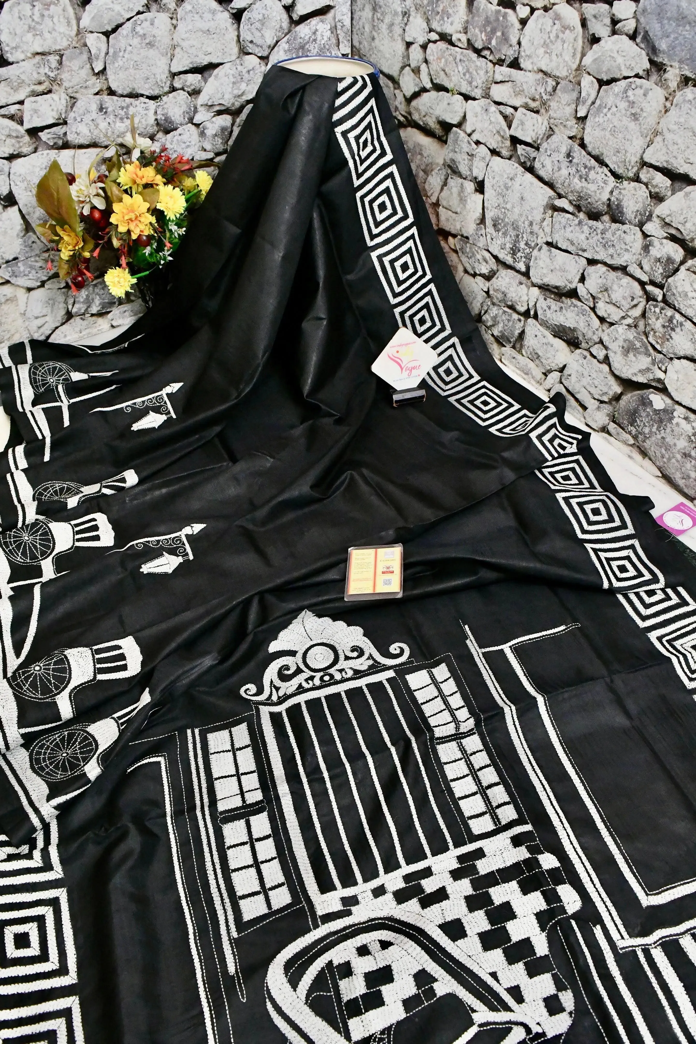 Pure Black Color Bangalore Silk Saree with Allover Kantha Stitch Work