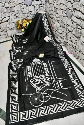 Pure Black Color Bangalore Silk Saree with Allover Kantha Stitch Work