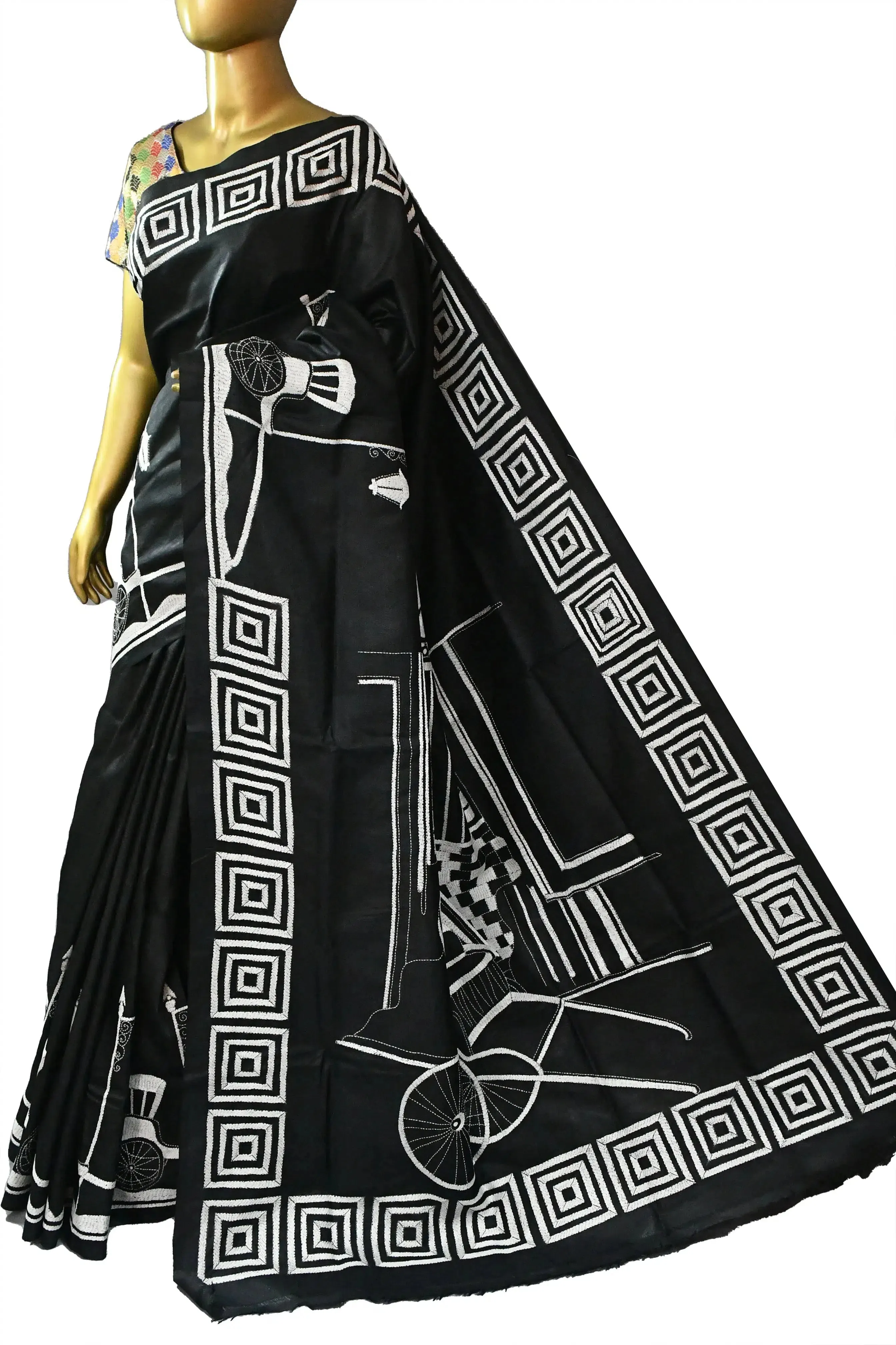 Pure Black Color Bangalore Silk Saree with Allover Kantha Stitch Work