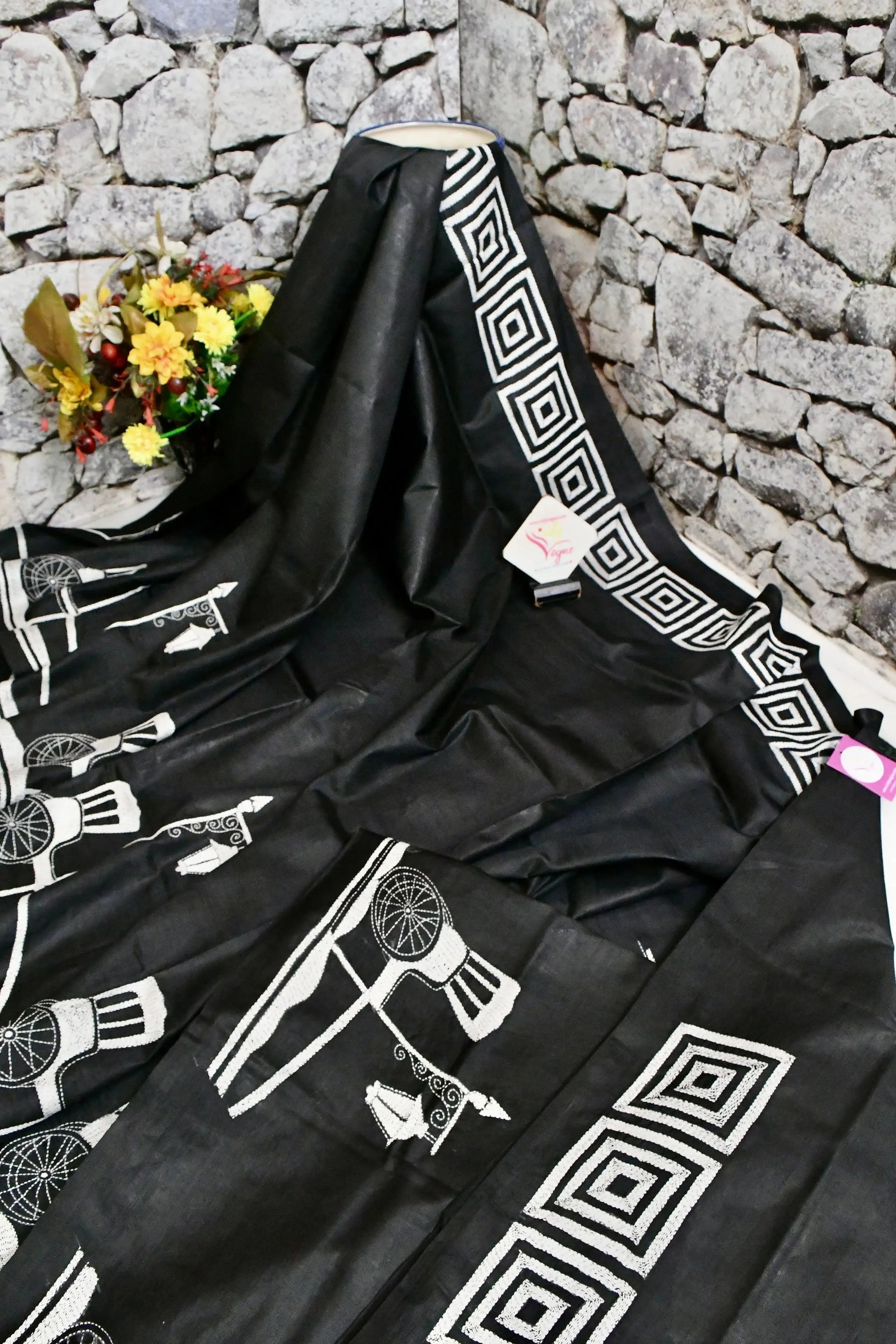 Pure Black Color Bangalore Silk Saree with Allover Kantha Stitch Work