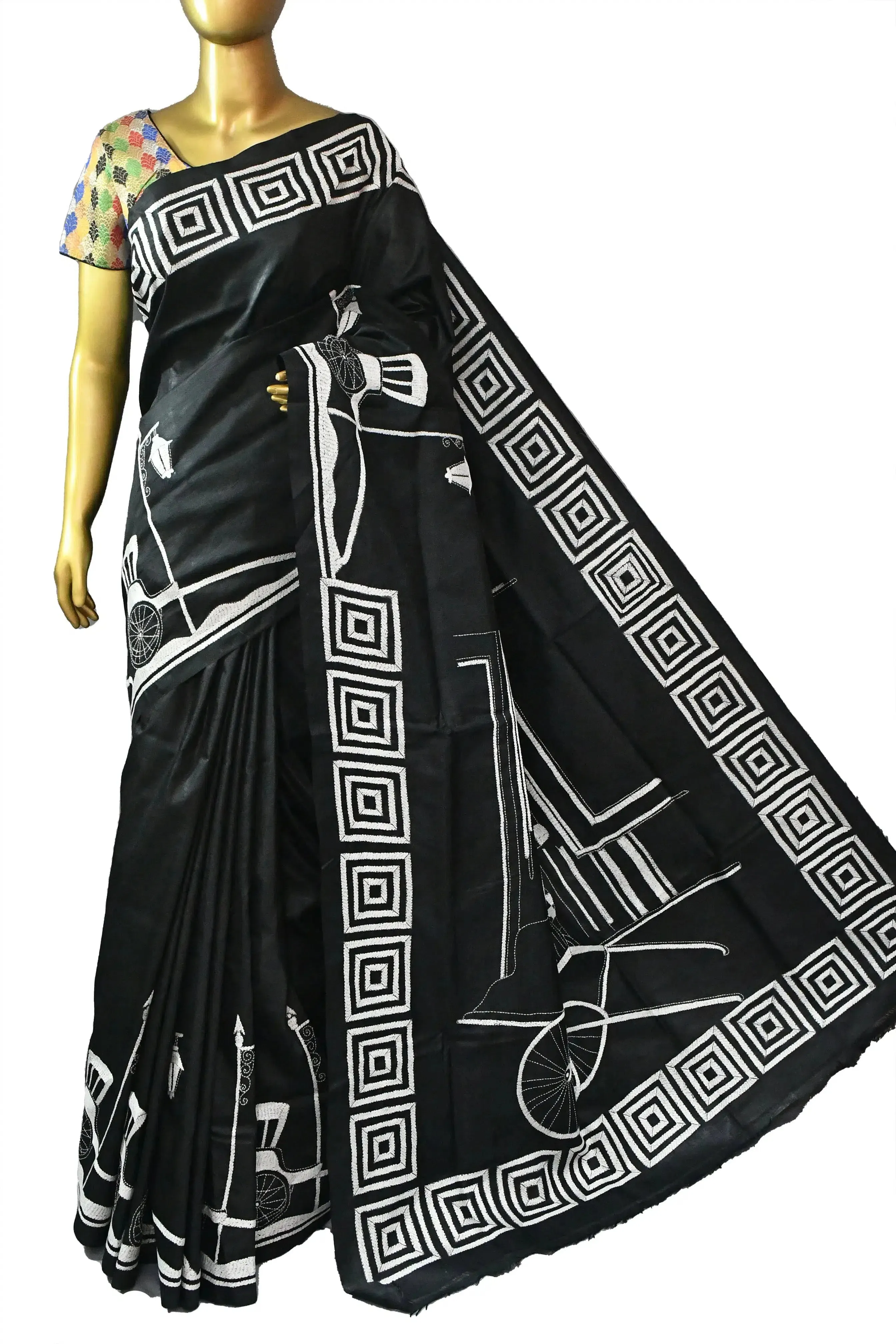 Pure Black Color Bangalore Silk Saree with Allover Kantha Stitch Work