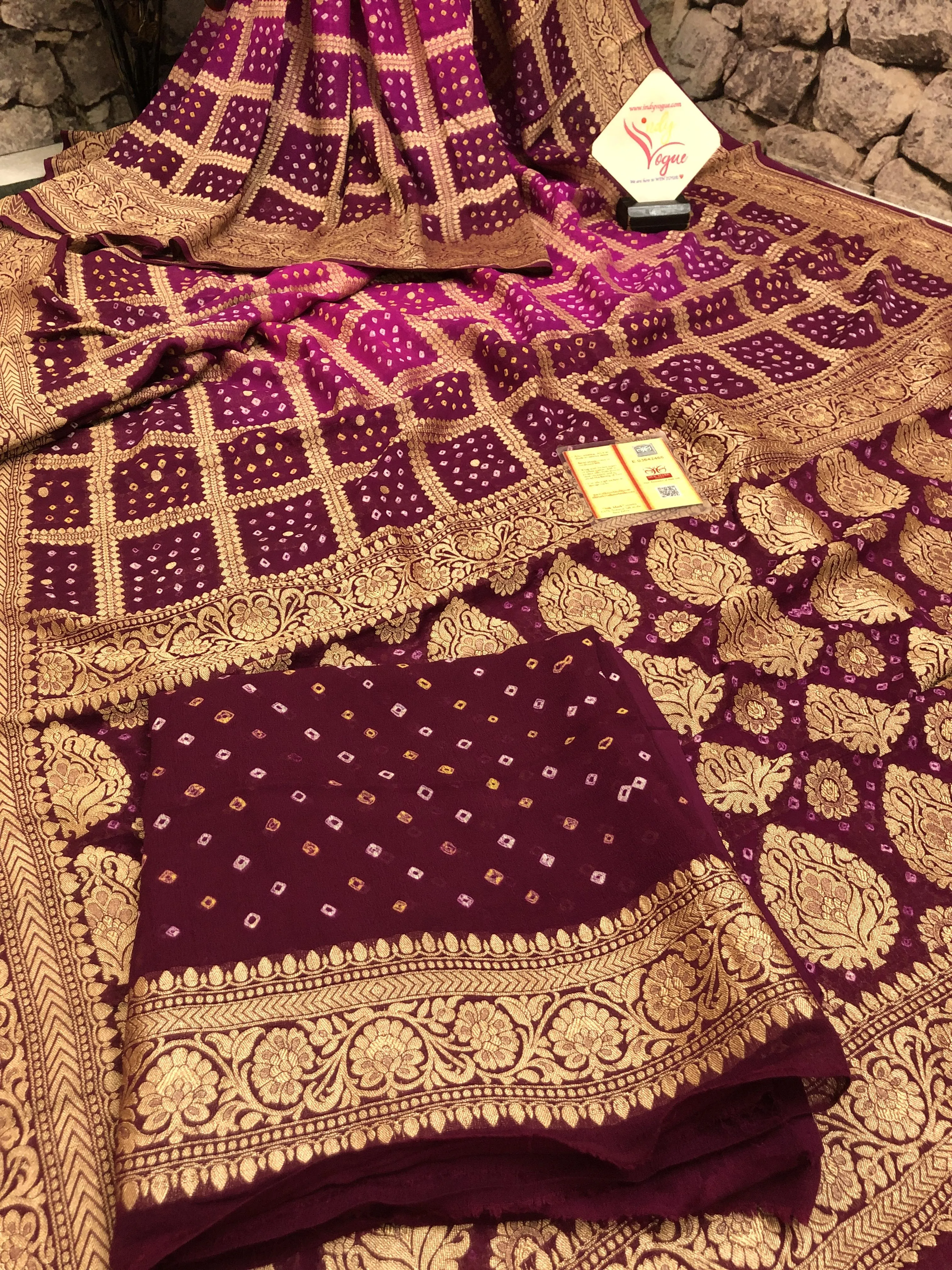 Purple and Beetroot Color Khaddi Georgette Banarasi with Zari Check and Hand Bandhani