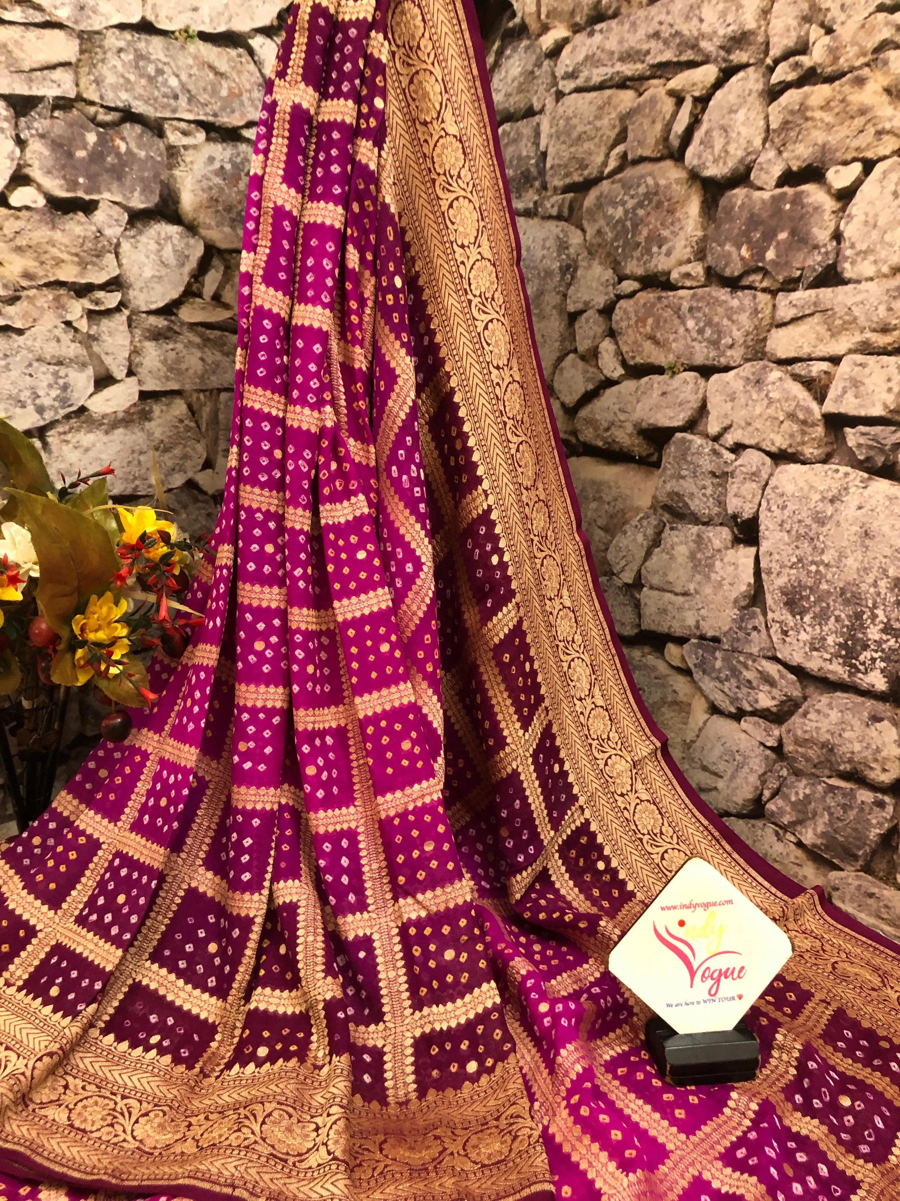 Purple and Beetroot Color Khaddi Georgette Banarasi with Zari Check and Hand Bandhani