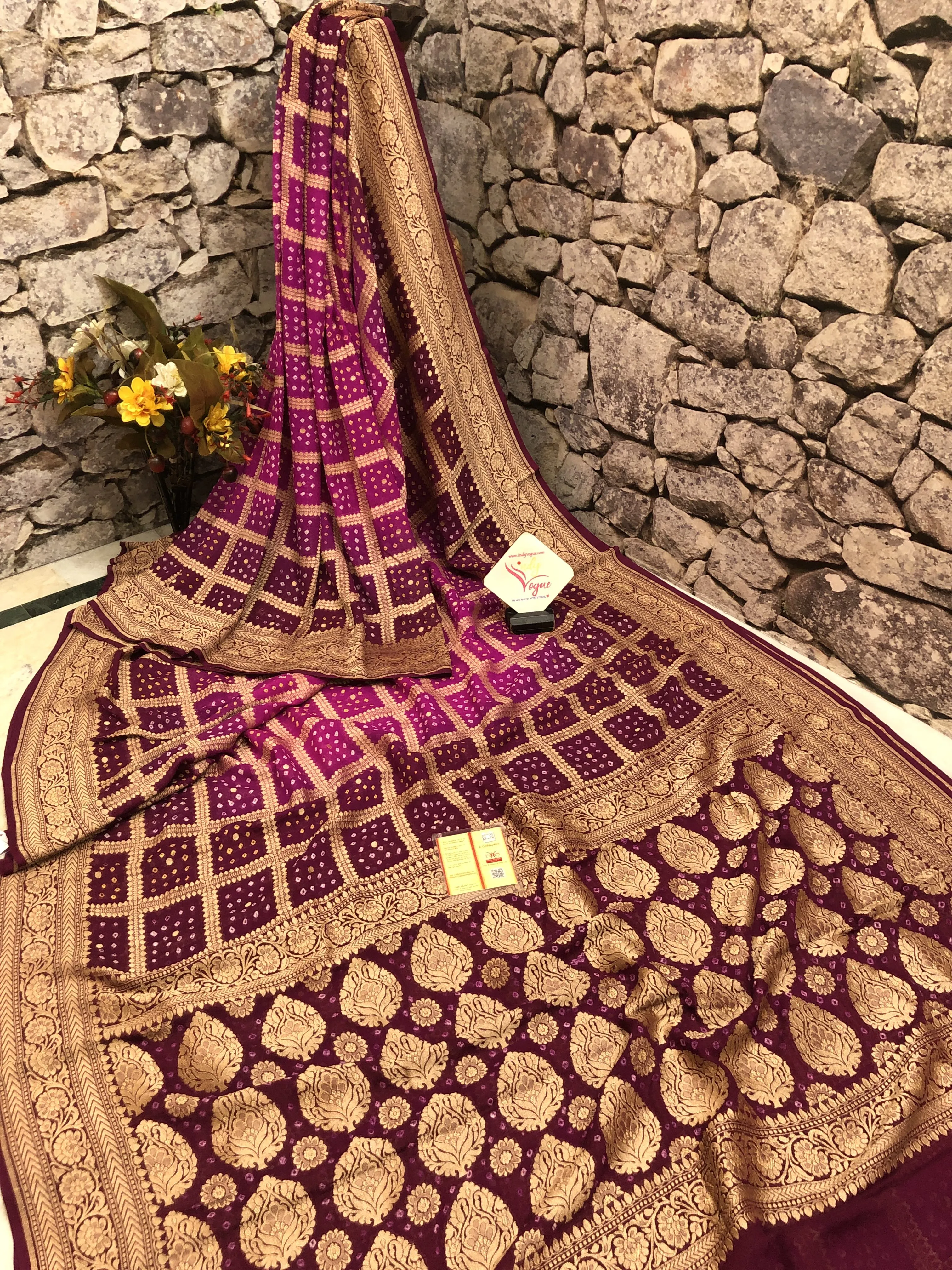 Purple and Beetroot Color Khaddi Georgette Banarasi with Zari Check and Hand Bandhani