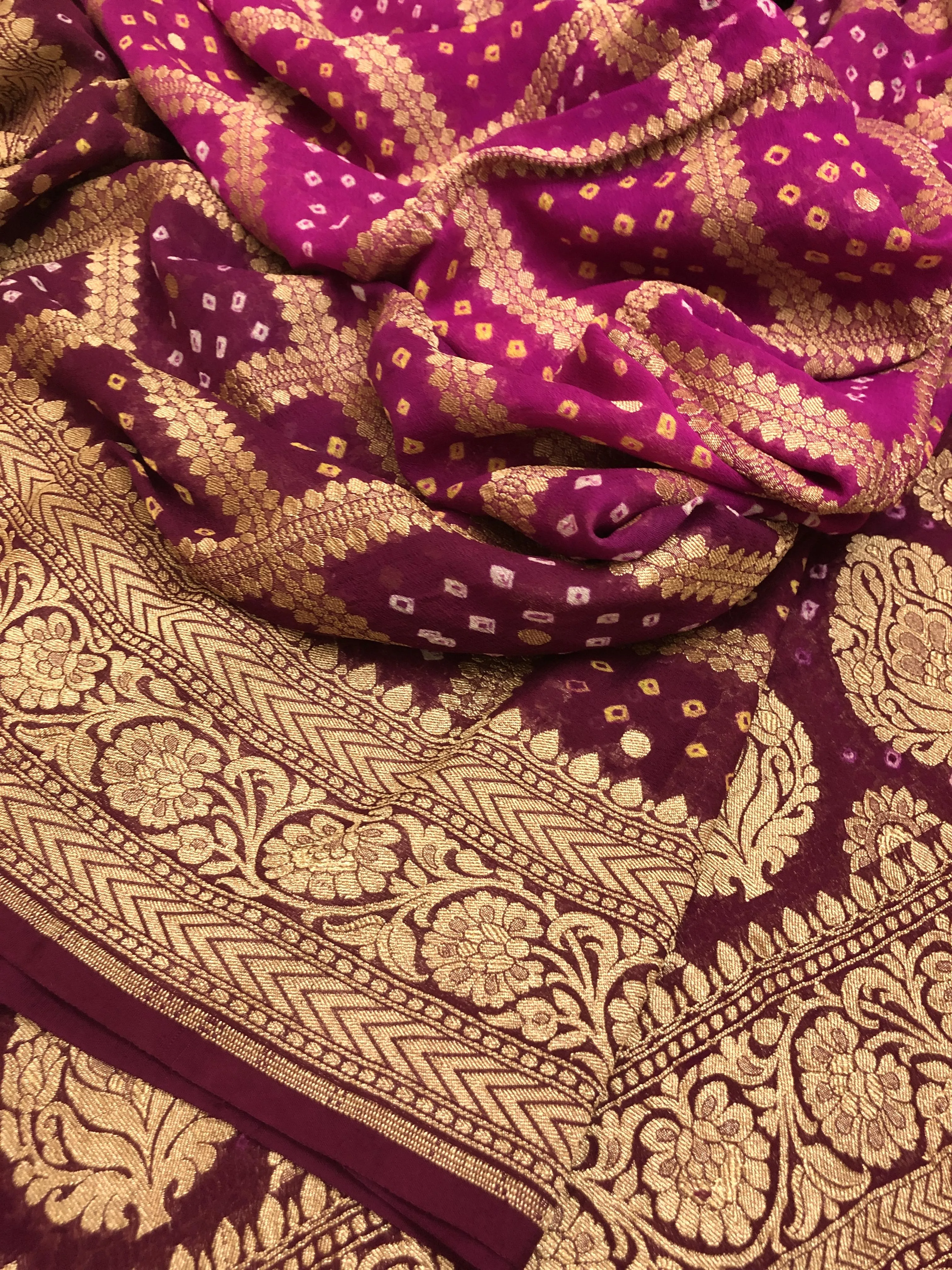 Purple and Beetroot Color Khaddi Georgette Banarasi with Zari Check and Hand Bandhani