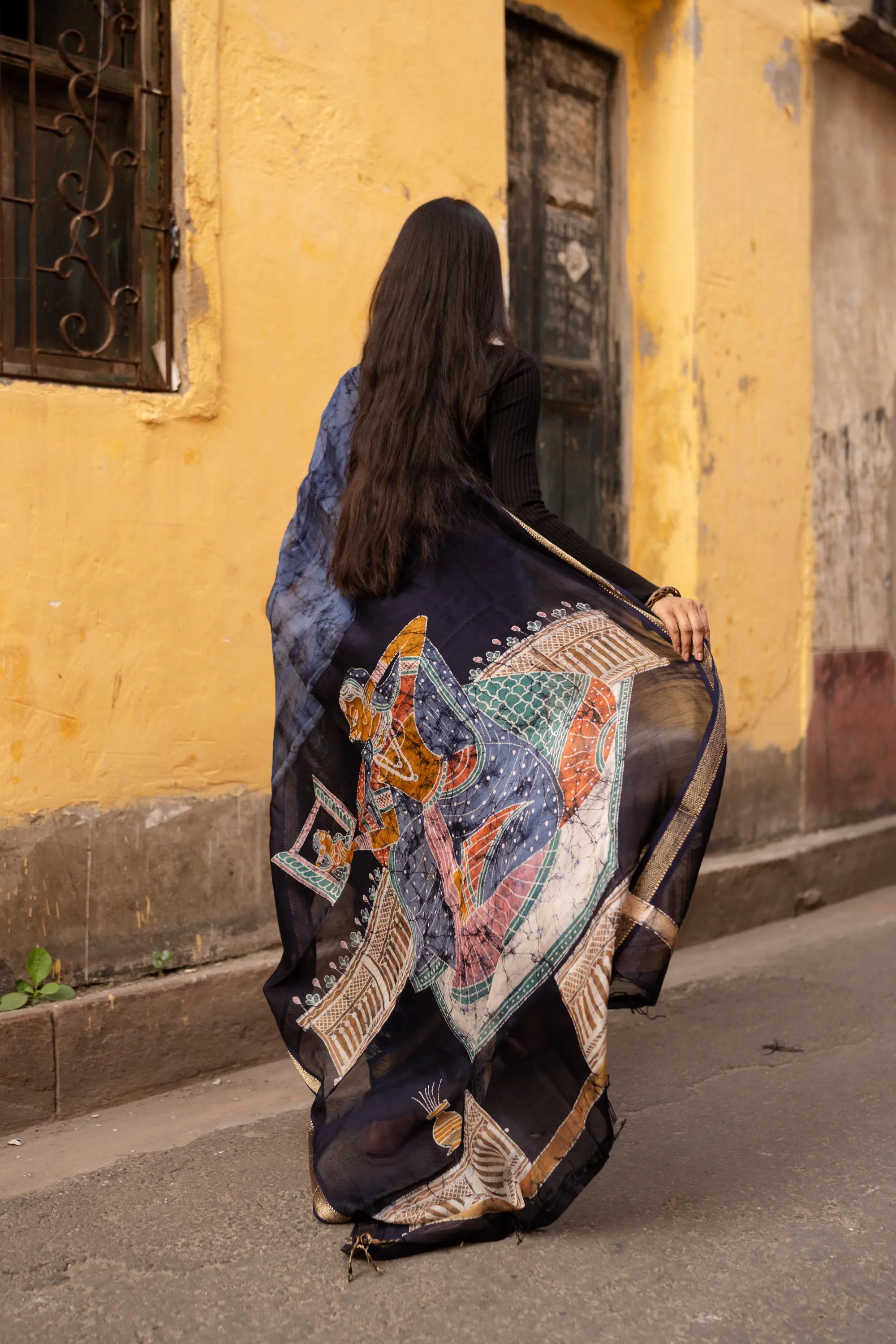 Ragni -  Narmada Batik Gond Blue Maheswari saree