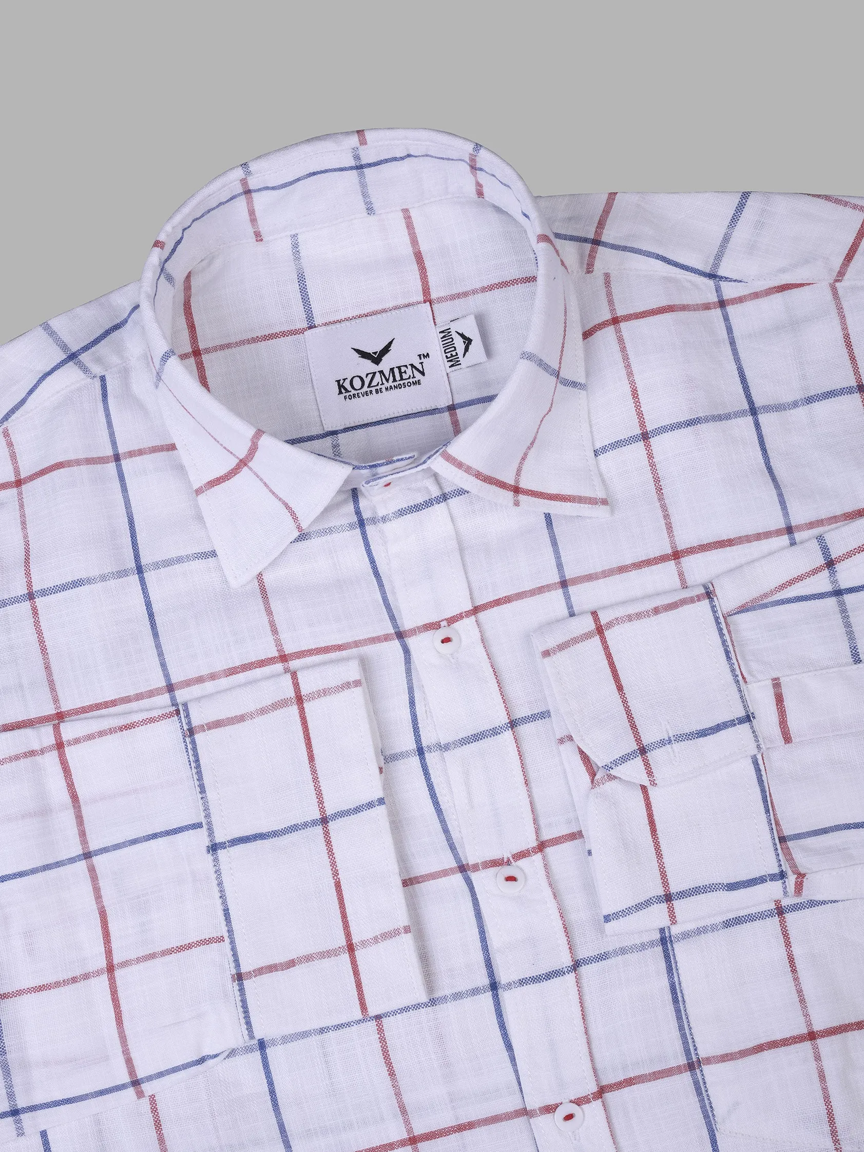 Red & Blue Windowpane Check  Cotton White Shirt