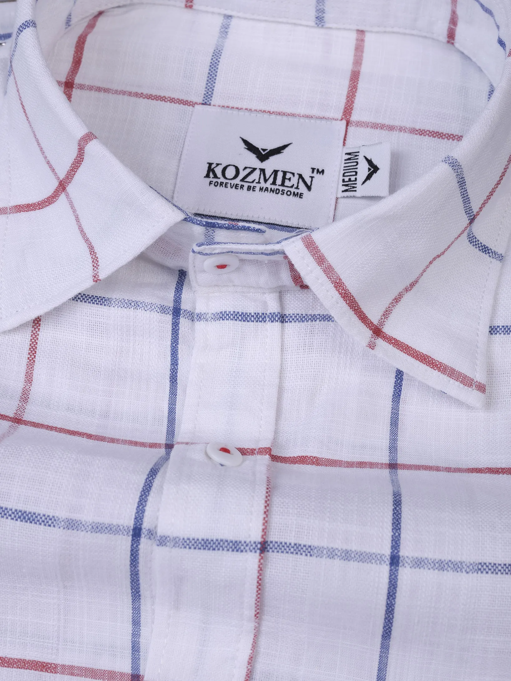 Red & Blue Windowpane Check  Cotton White Shirt