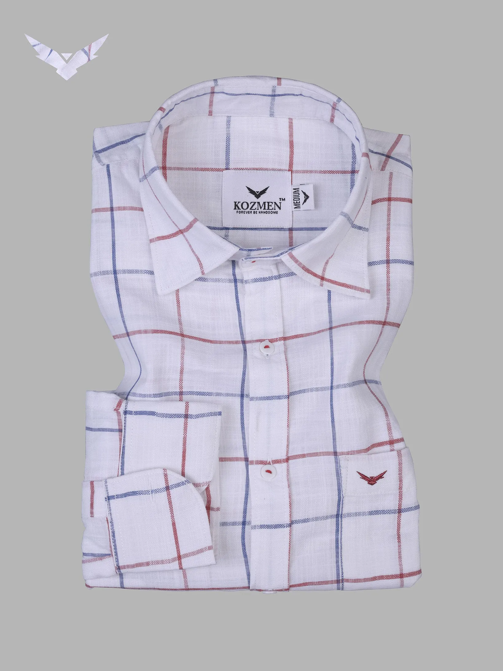 Red & Blue Windowpane Check  Cotton White Shirt