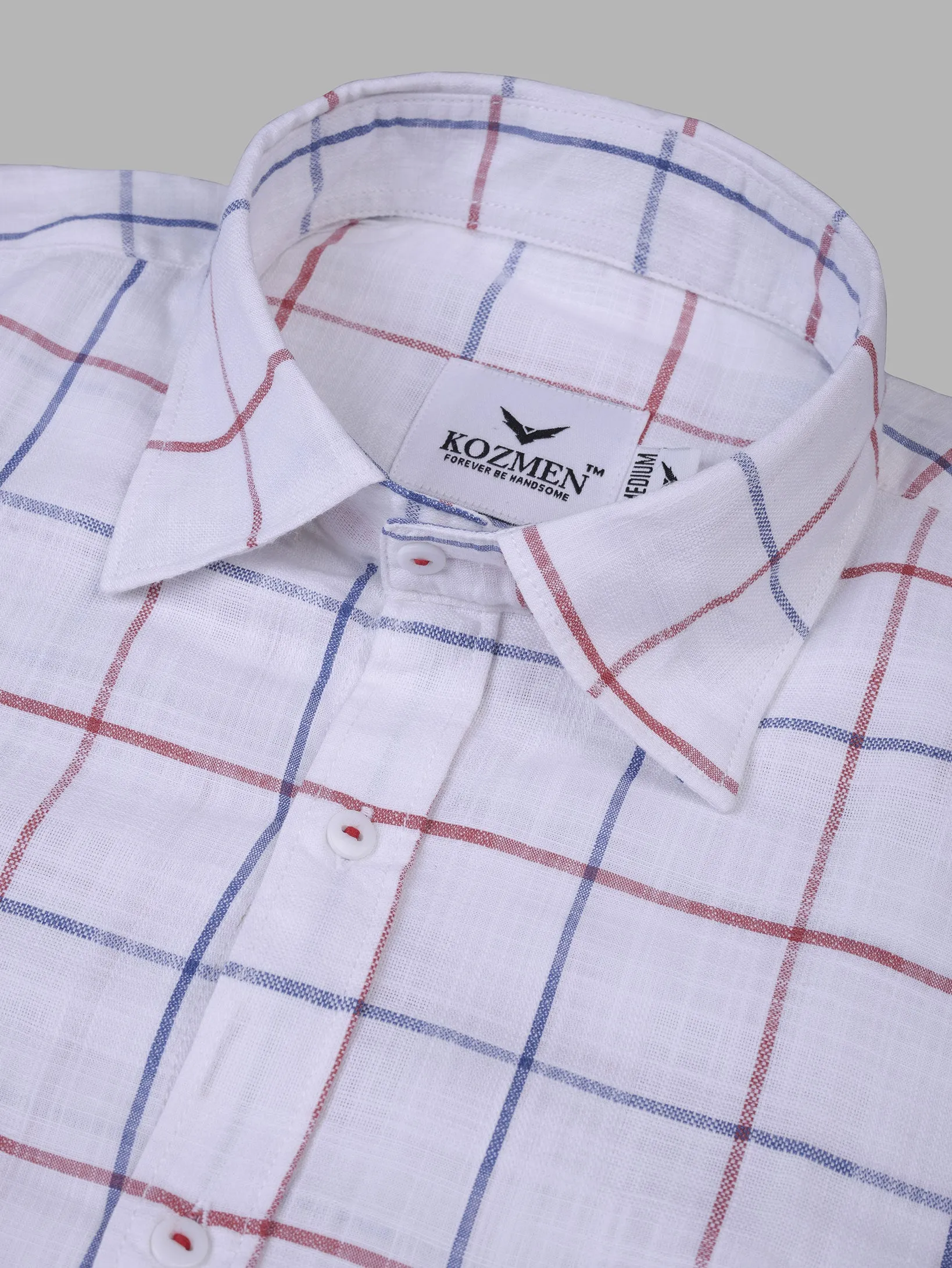 Red & Blue Windowpane Check  Cotton White Shirt