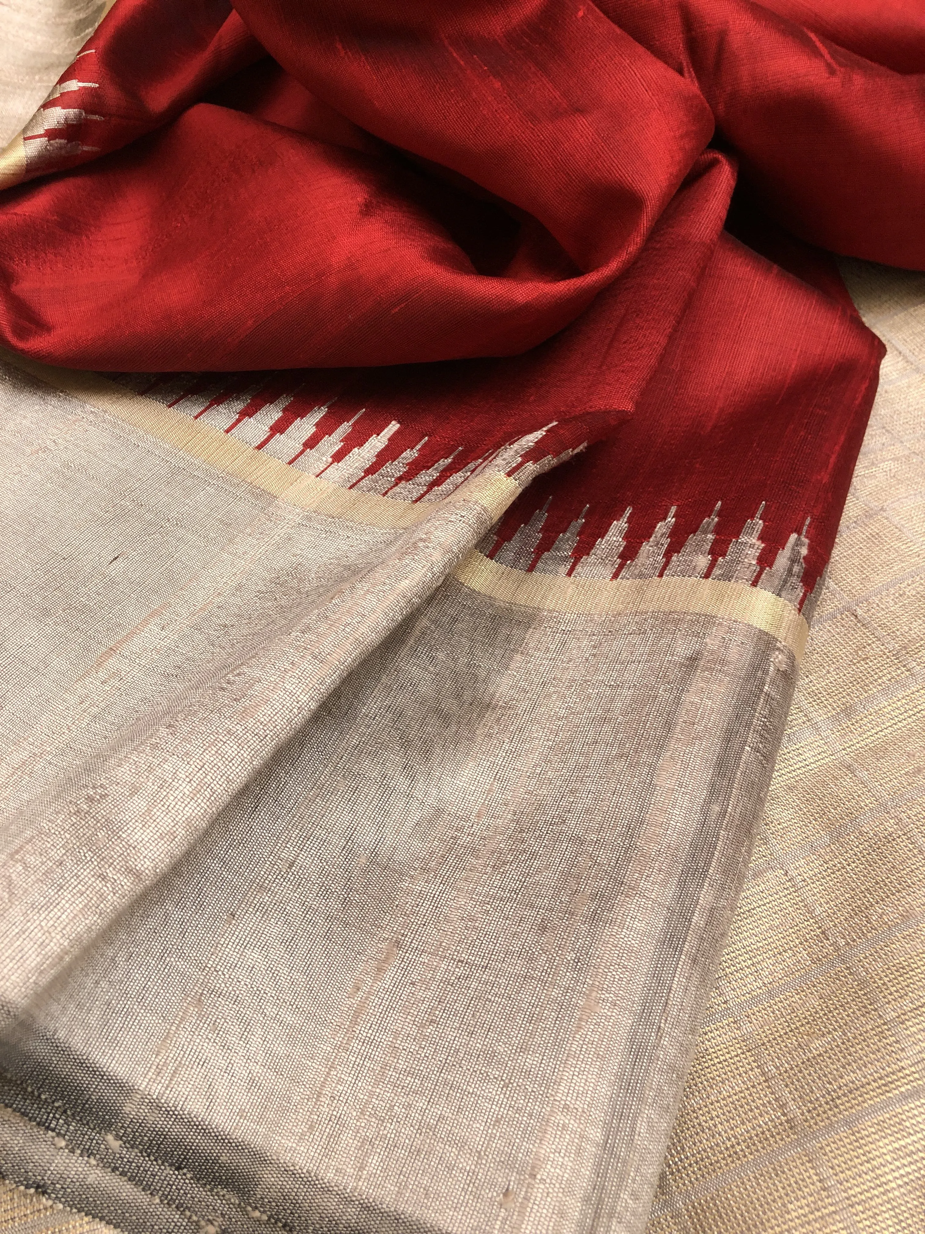 Red and Ash Color Pure Raw Silk Saree