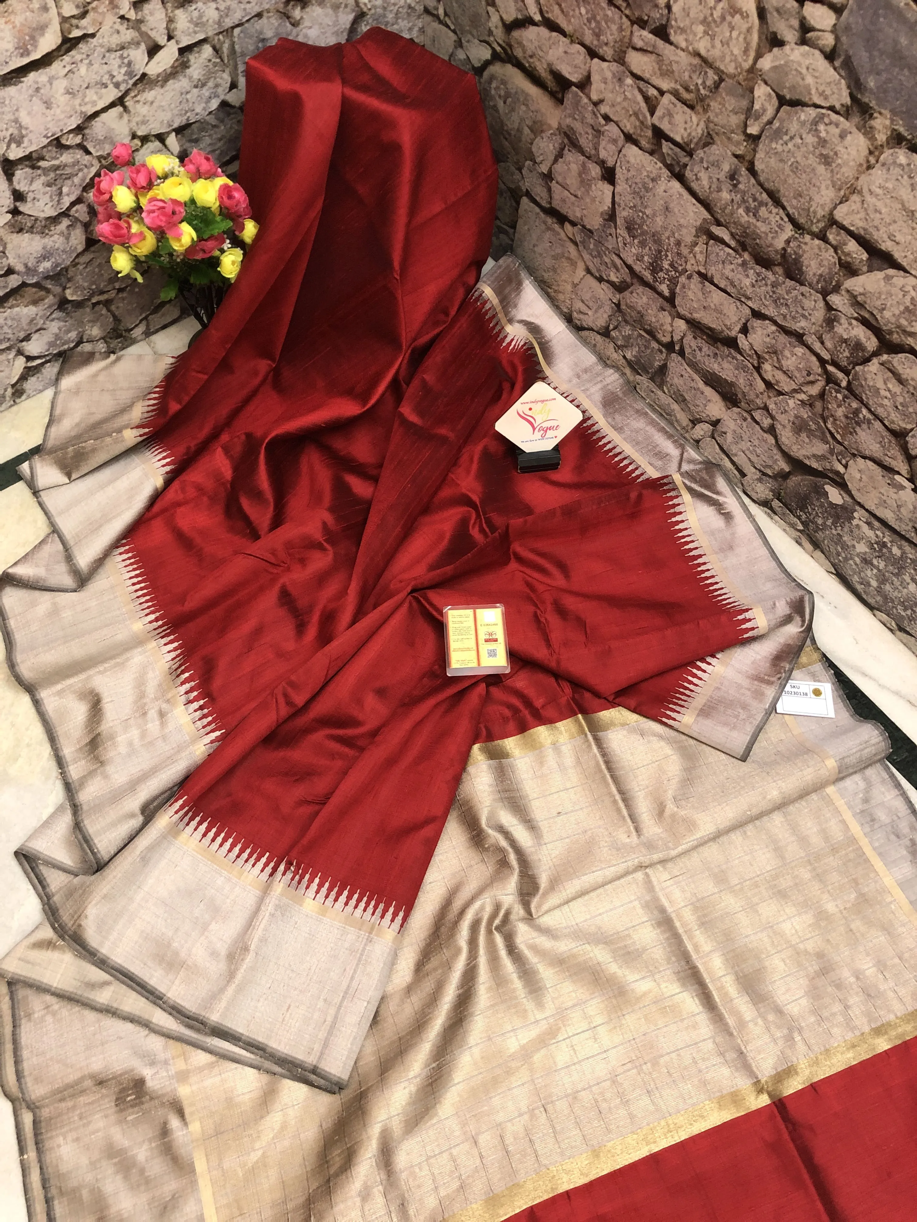 Red and Ash Color Pure Raw Silk Saree