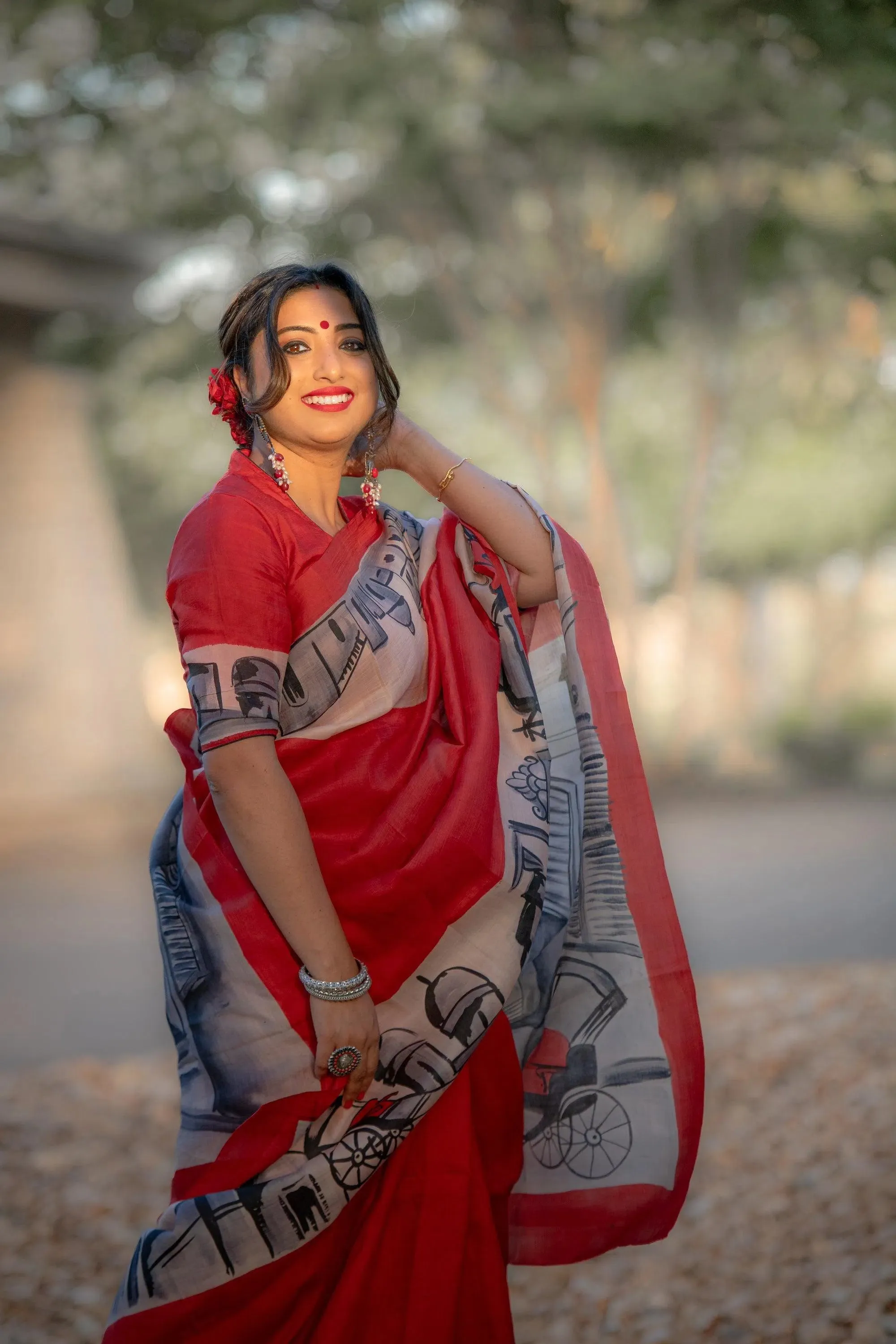 Red Color Bishnupur Silk Saree with Hand Painted Old Kolkata Theme