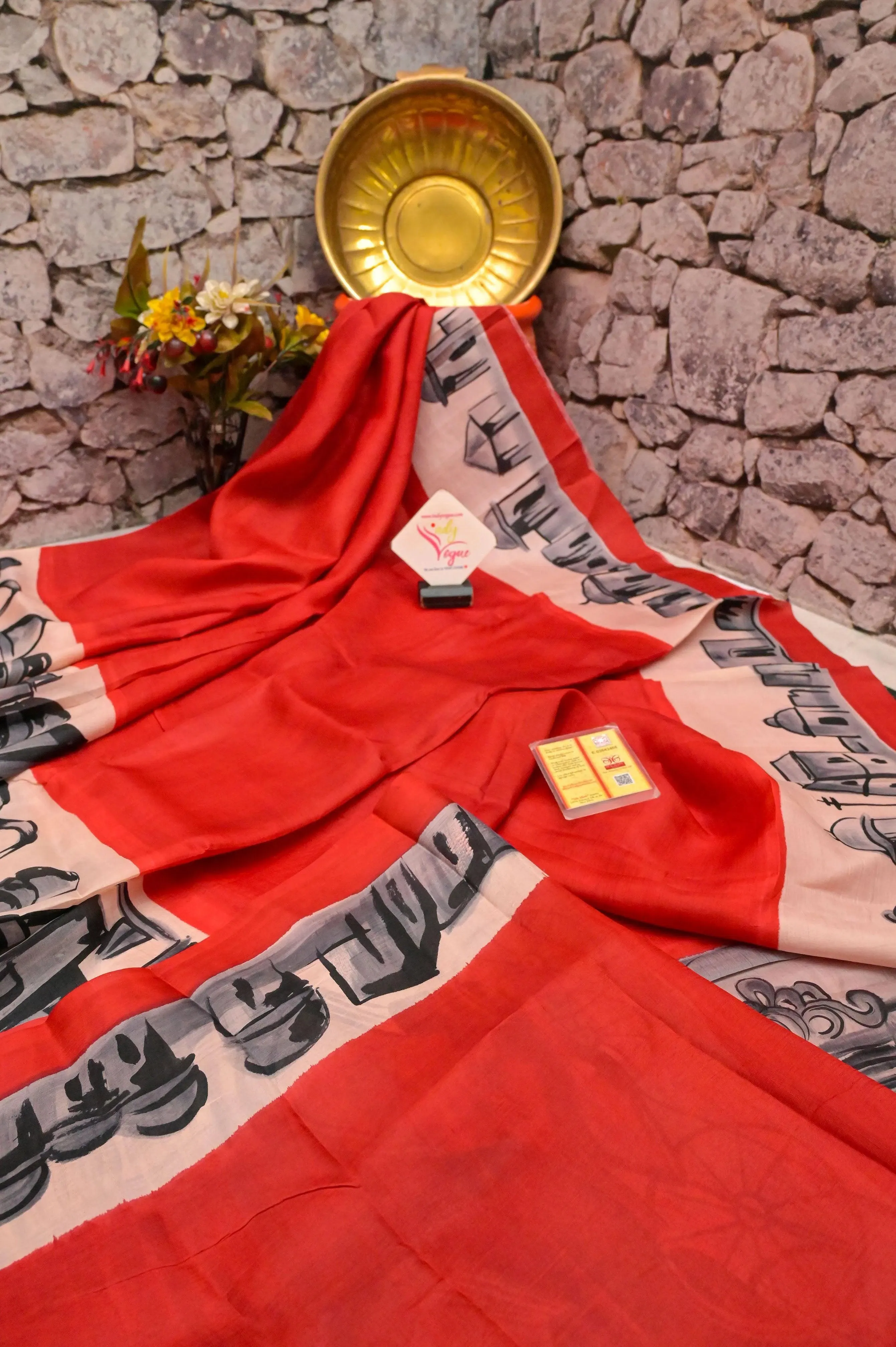 Red Color Bishnupur Silk Saree with Hand Painted Old Kolkata Theme