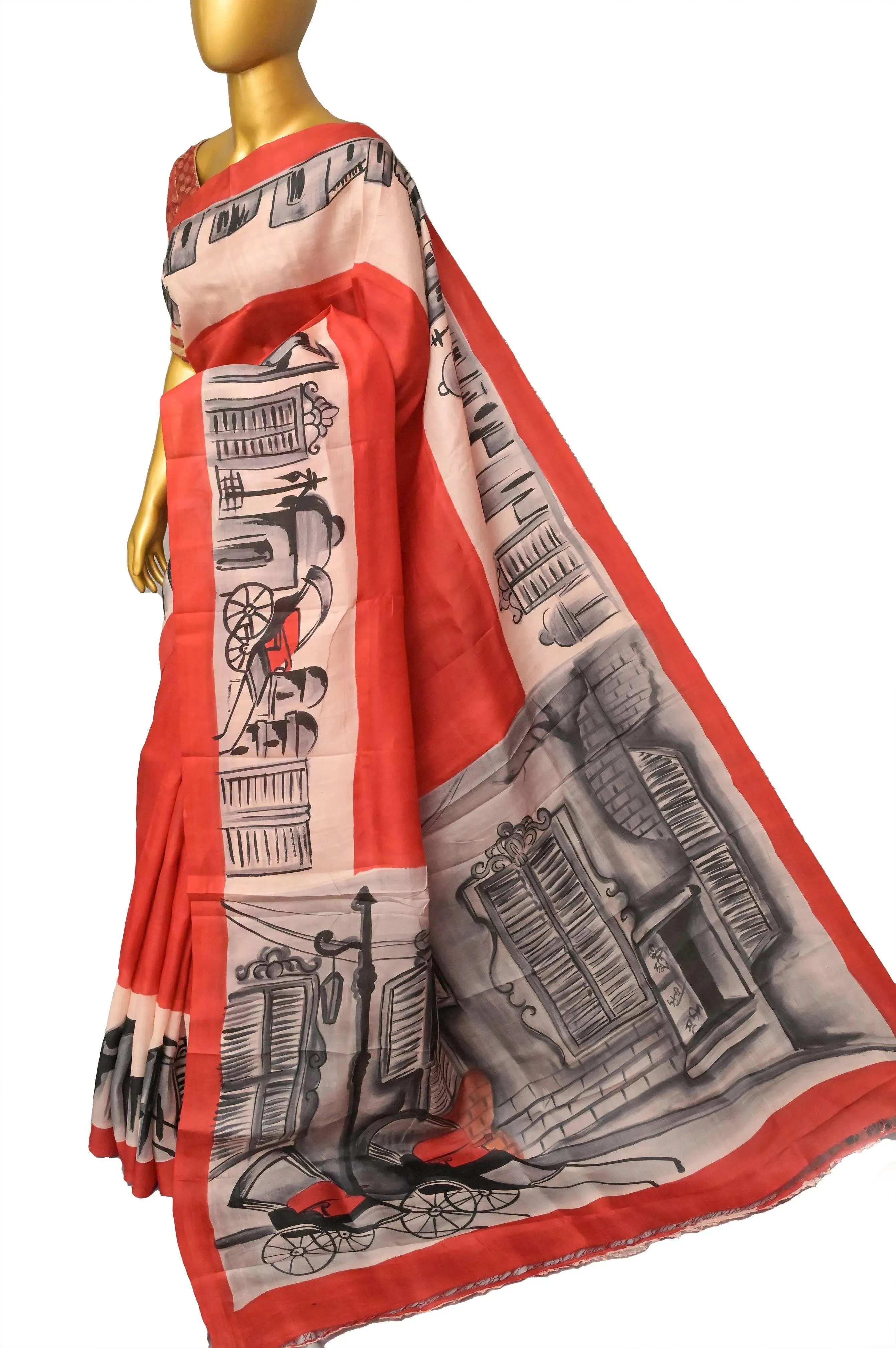 Red Color Bishnupur Silk Saree with Hand Painted Old Kolkata Theme